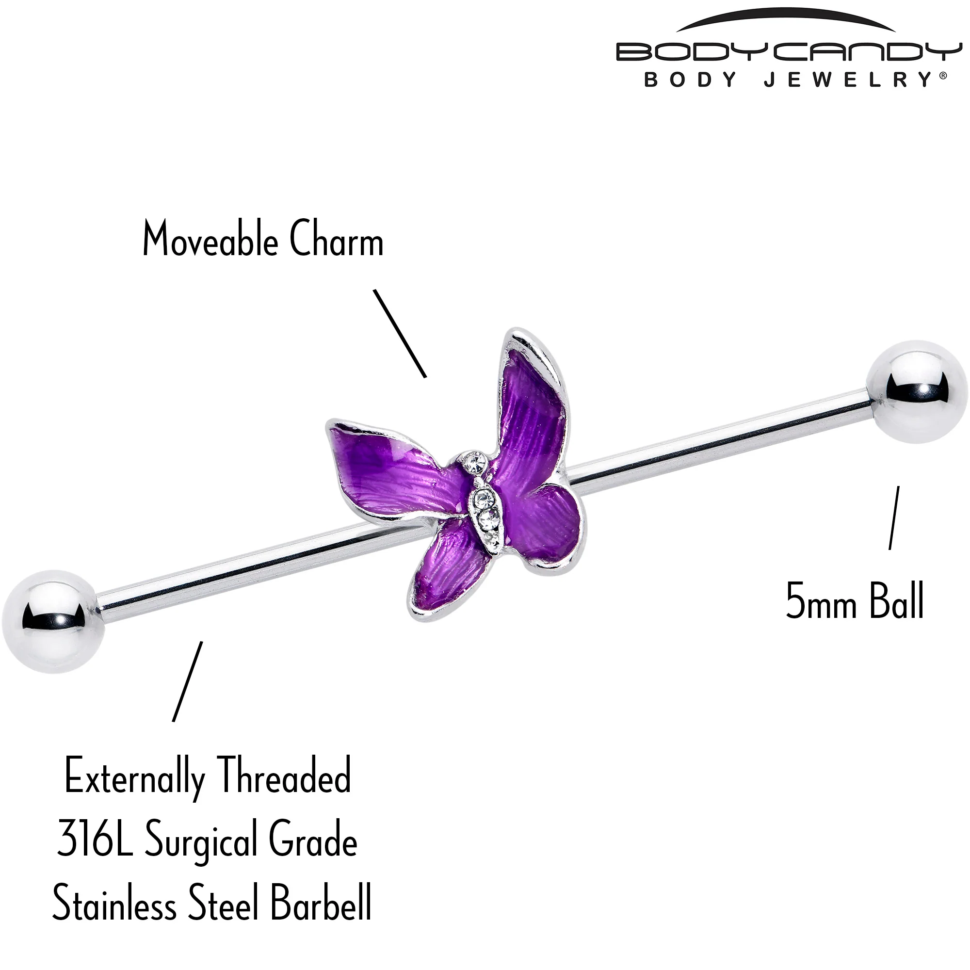 14G Clear Gem Chunky Butterfly Purple Industrial Barbell 38mm - Image 3