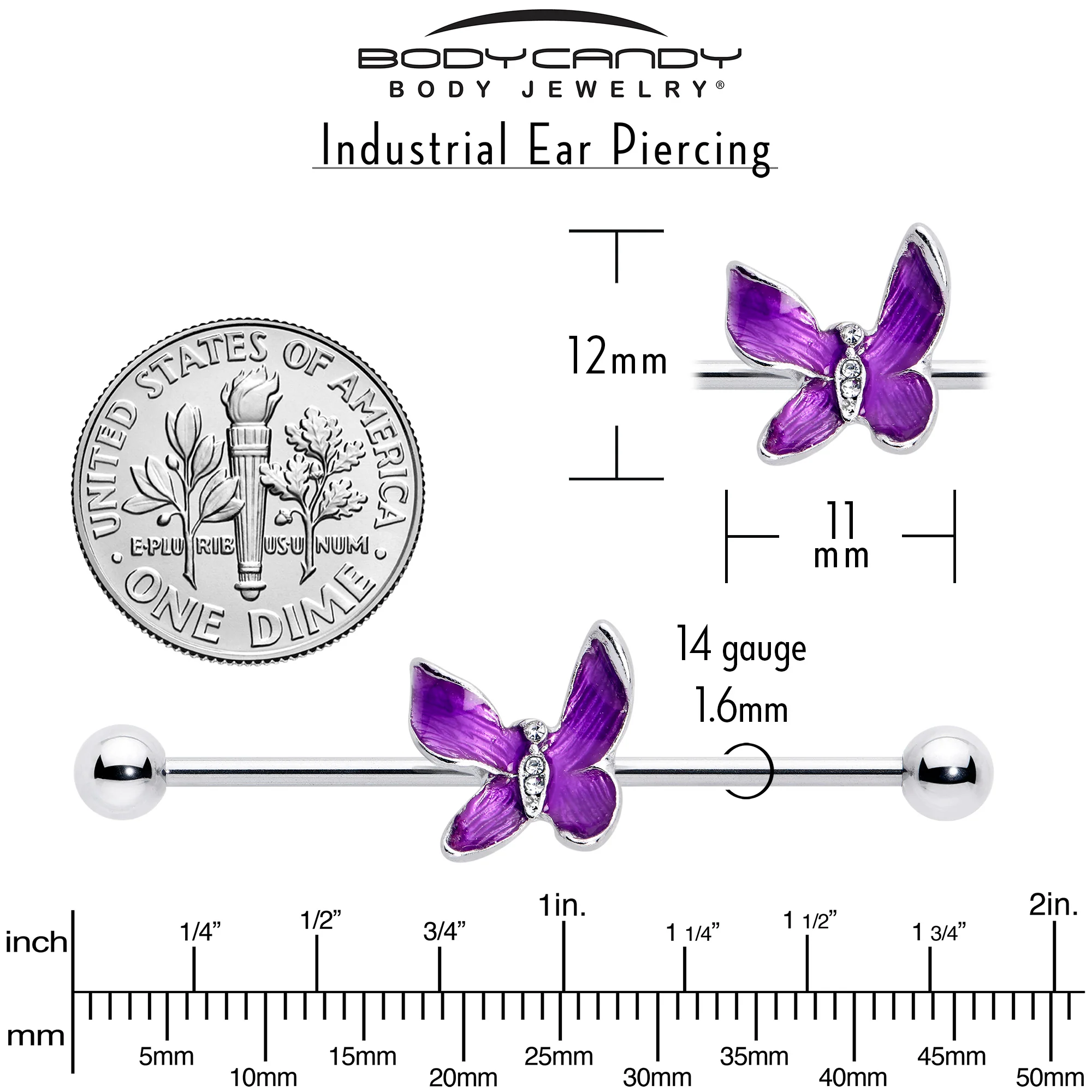14G Clear Gem Chunky Butterfly Purple Industrial Barbell 38mm - Image 4