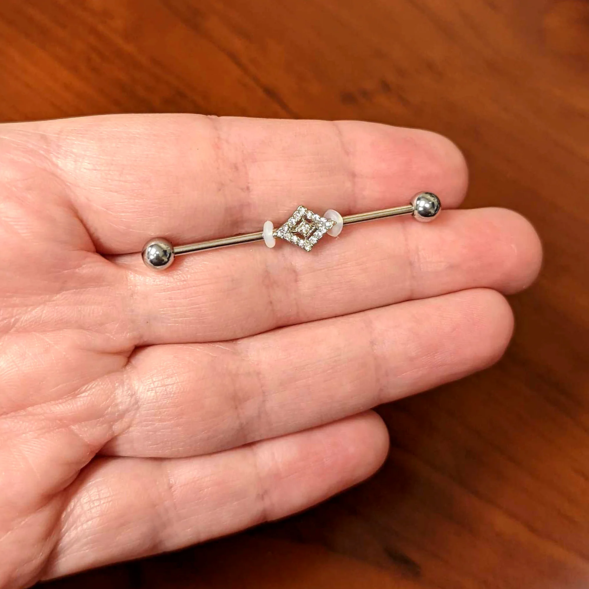 14G Clear Gem Double Rhombus Deco Industrial Barbell 38mm - Image 3