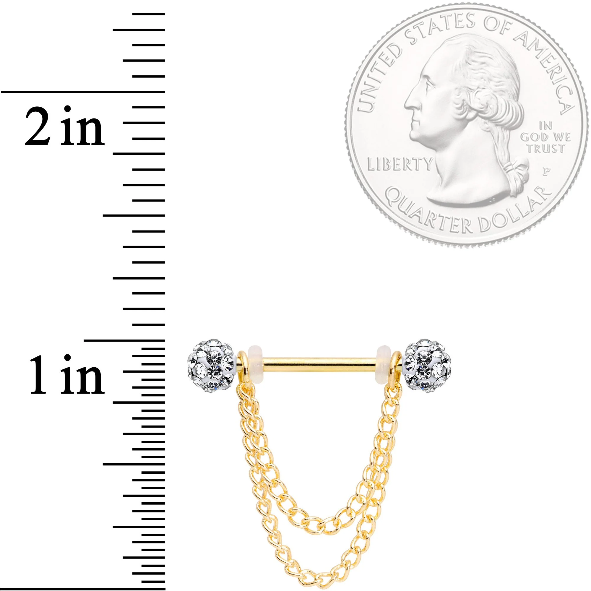 14G Clear Gem End Gold Tone Chain Dangle Nipple Ring Set - Image 2