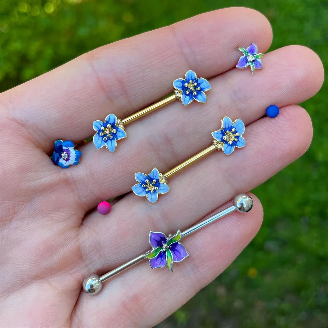 14G Clear Gem Exotic Purple Flower Industrial Barbell 38mm - Image 2