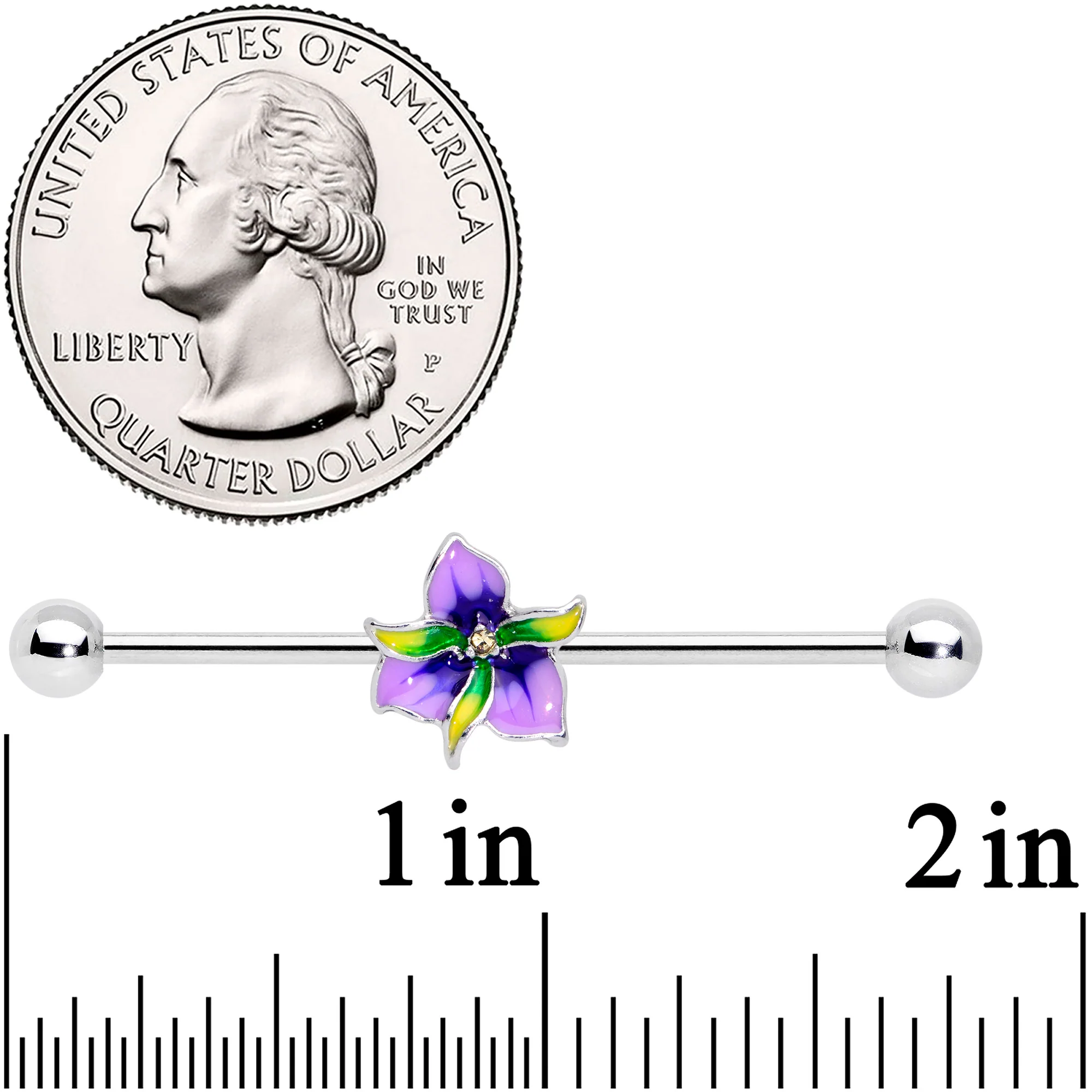 14G Clear Gem Exotic Purple Flower Industrial Barbell 38mm - Image 3
