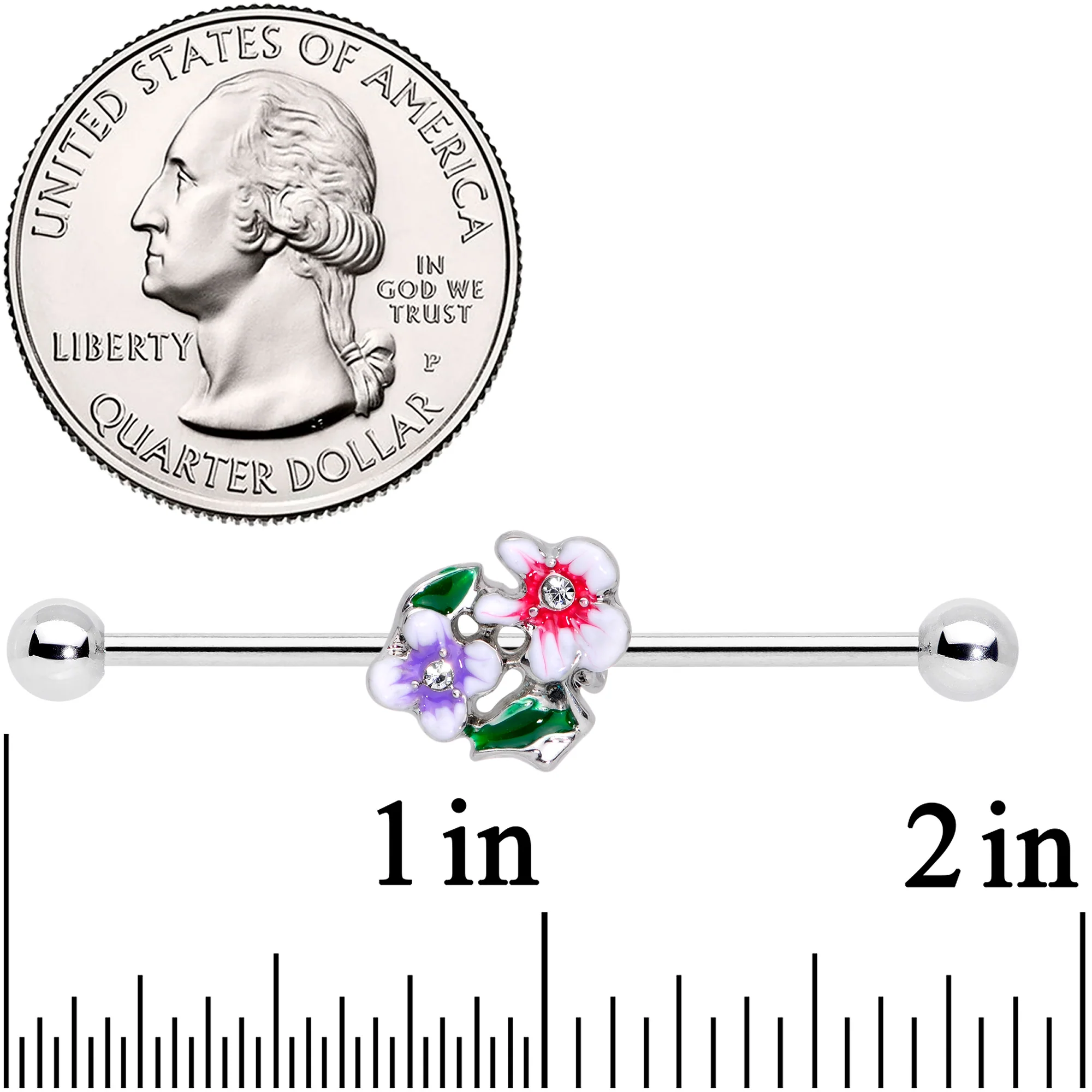 14G Clear Gem Fanciful Flowers Industrial Barbell 38mm - Image 3