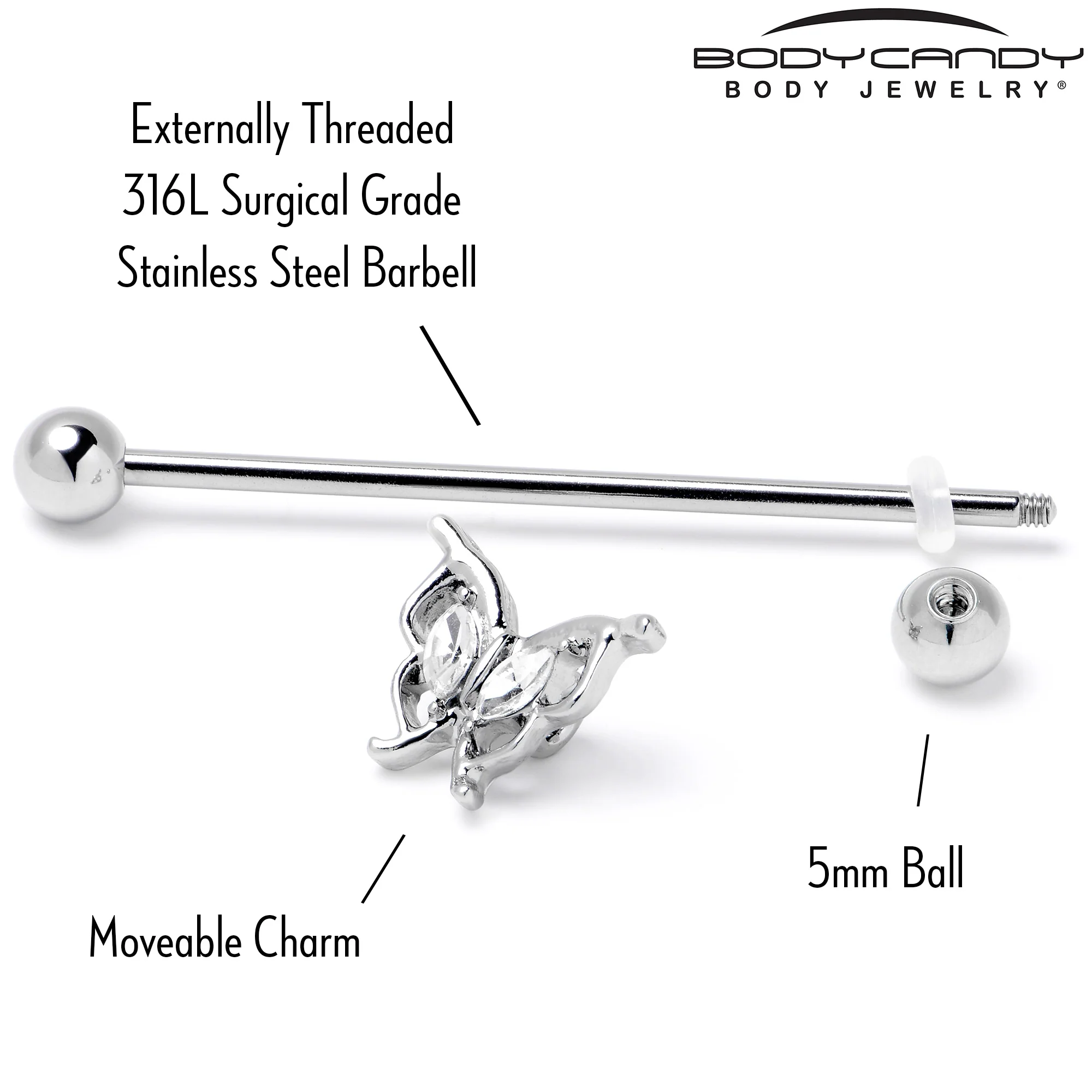 14G Clear Gem Fancy Fab Butterfly Industrial Barbell 38mm - Image 6