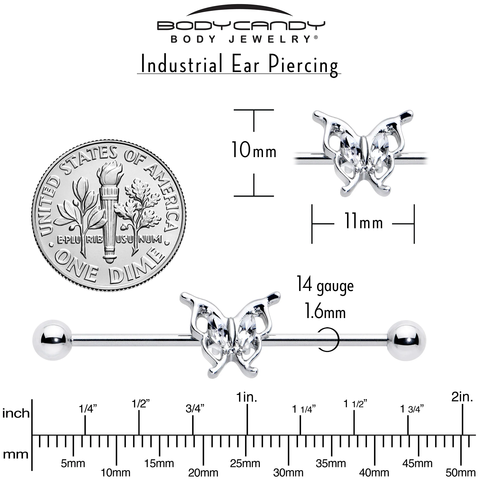 14G Clear Gem Fancy Fab Butterfly Industrial Barbell 38mm - Image 7