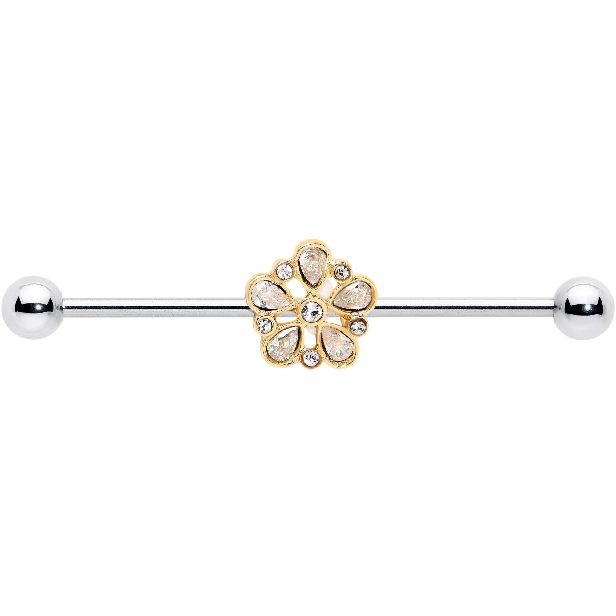 14G Clear Gem Filigree Flower Fantasy Industrial Barbell 38mm - Image 2