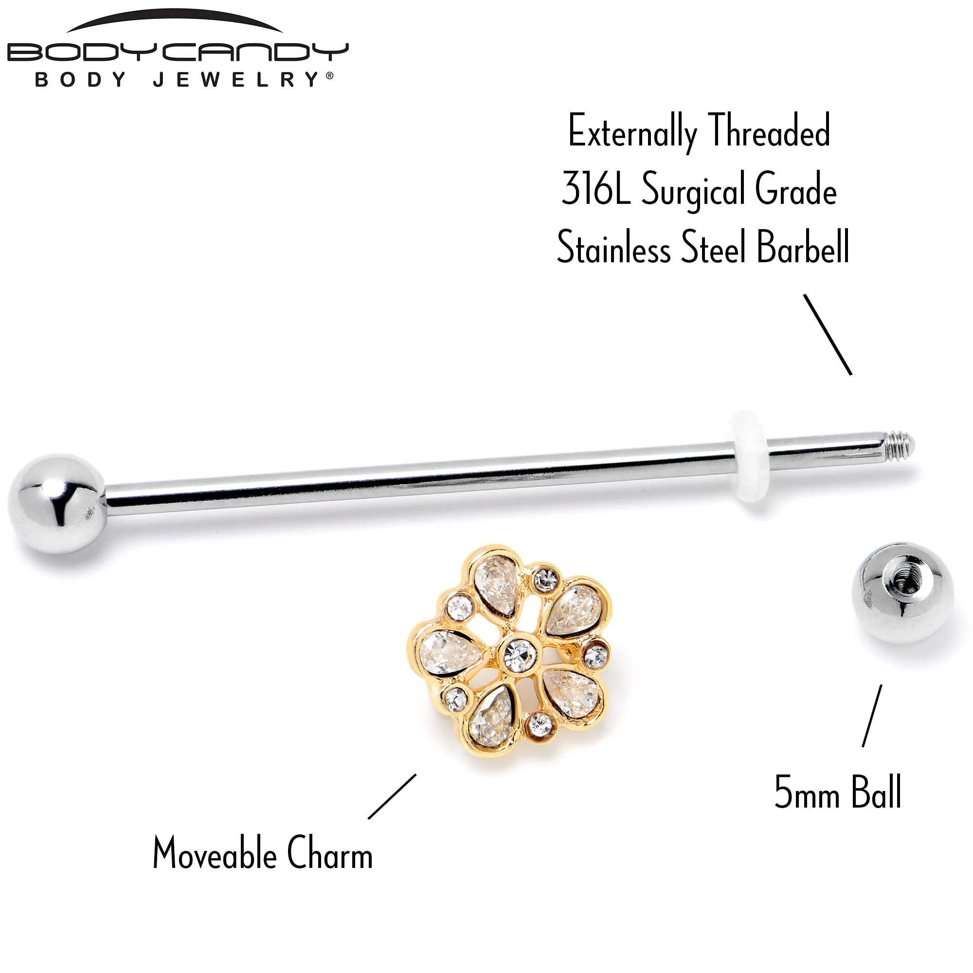 14G Clear Gem Filigree Flower Fantasy Industrial Barbell 38mm - Image 5