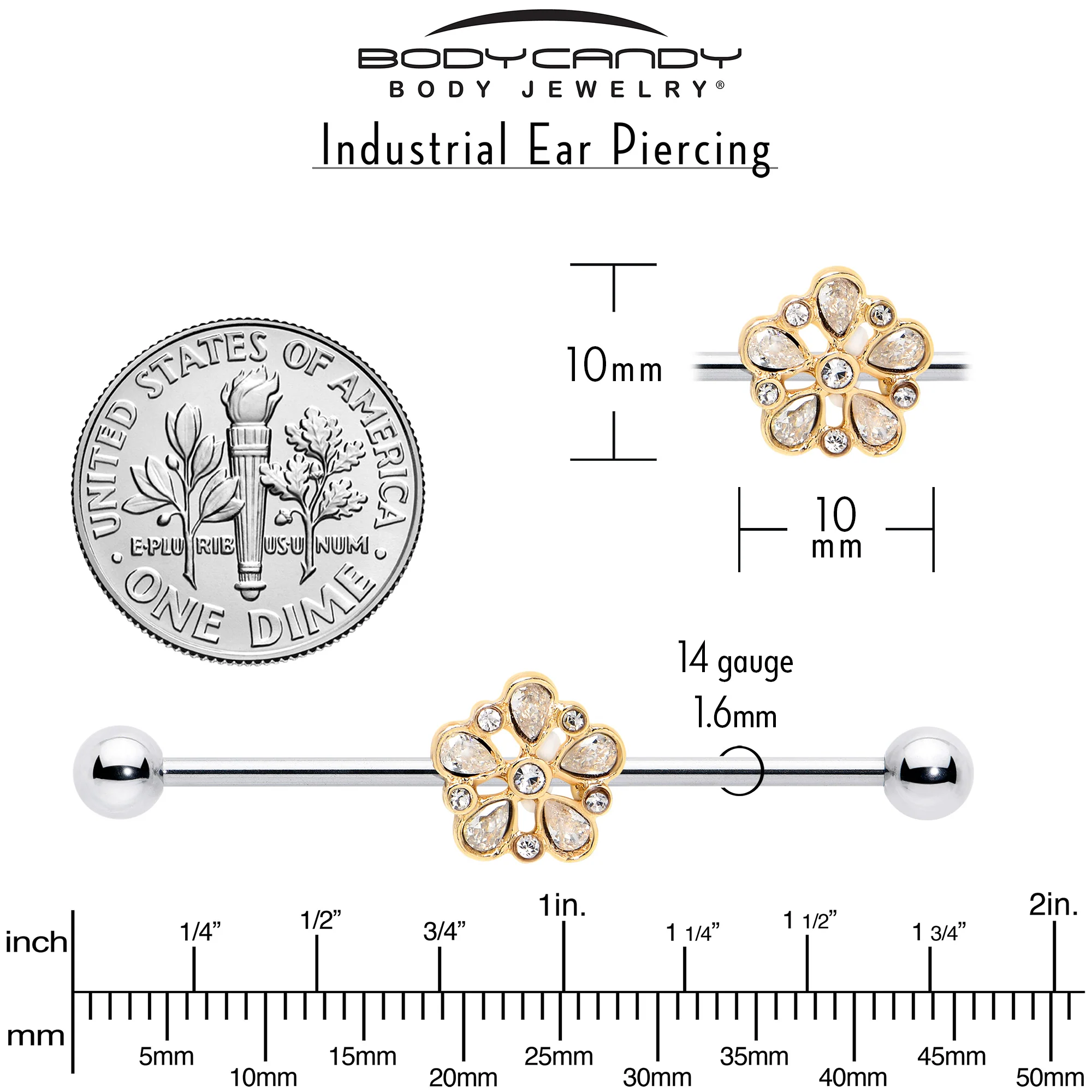 14G Clear Gem Filigree Flower Fantasy Industrial Barbell 38mm - Image 6