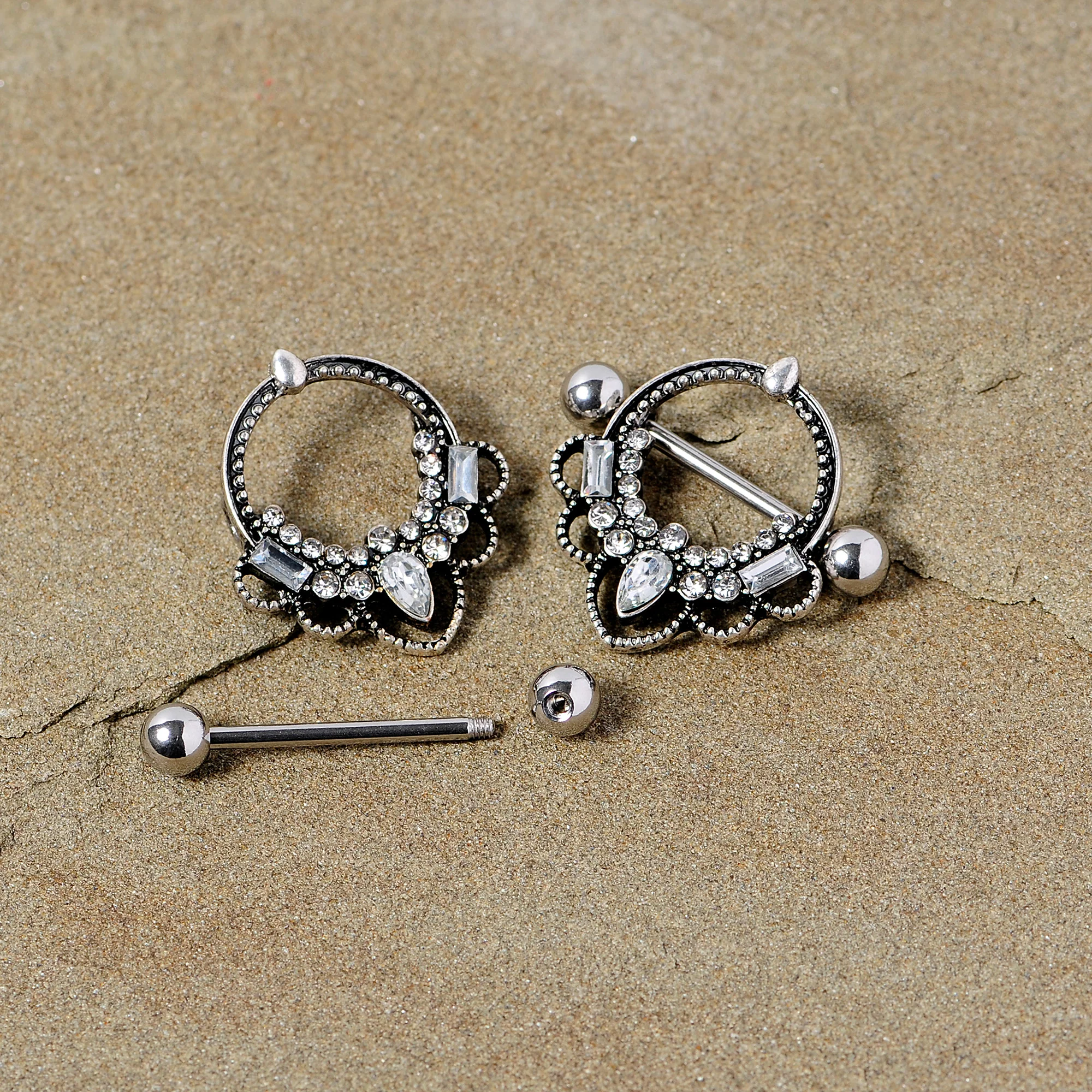 14G 5/8 Clear Gem Filigree Nipple Shield Set - Image 3