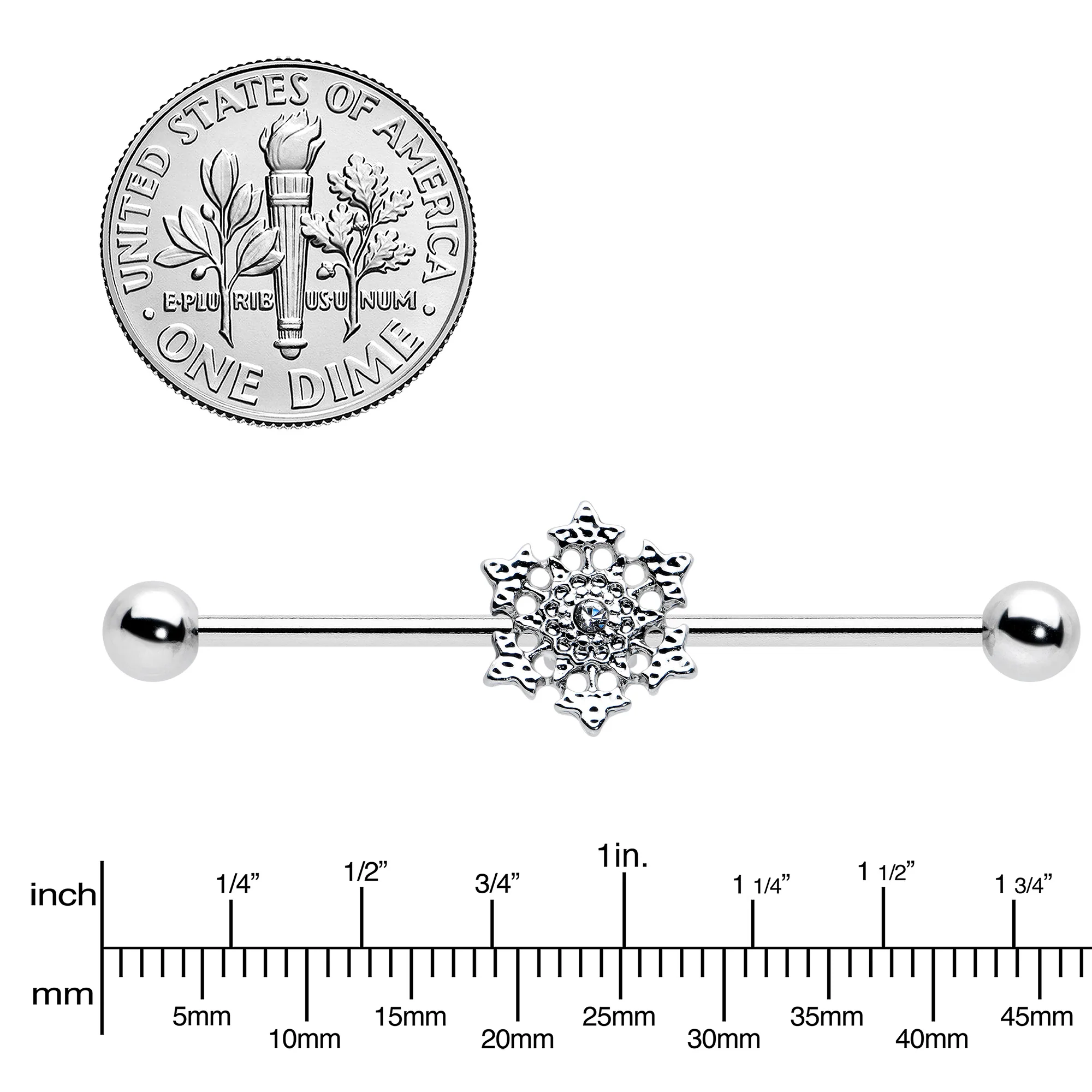 14G Clear Gem Filigree Winter Snowflake Industrial Barbell 38mm - Image 3