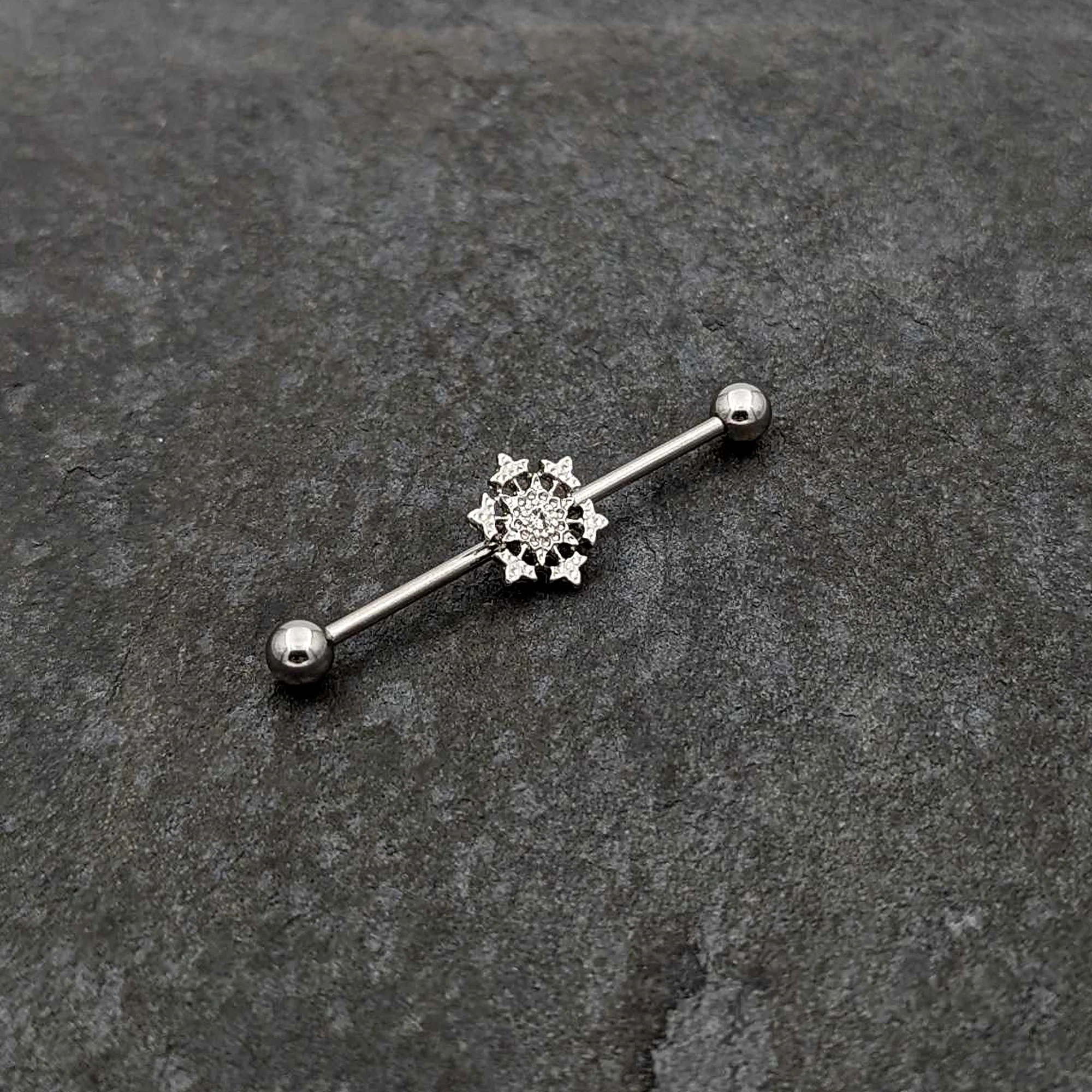14G Clear Gem Filigree Winter Snowflake Industrial Barbell 38mm - Image 4
