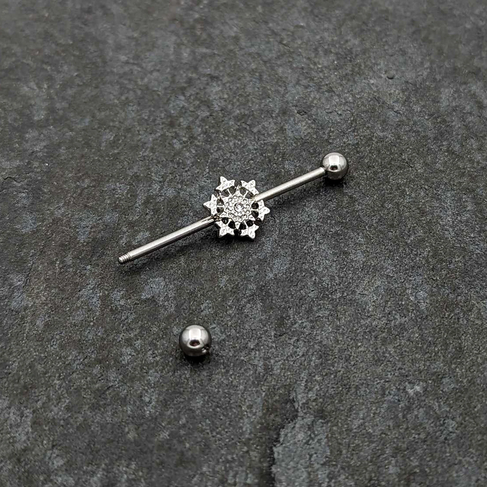 14G Clear Gem Filigree Winter Snowflake Industrial Barbell 38mm - Image 5