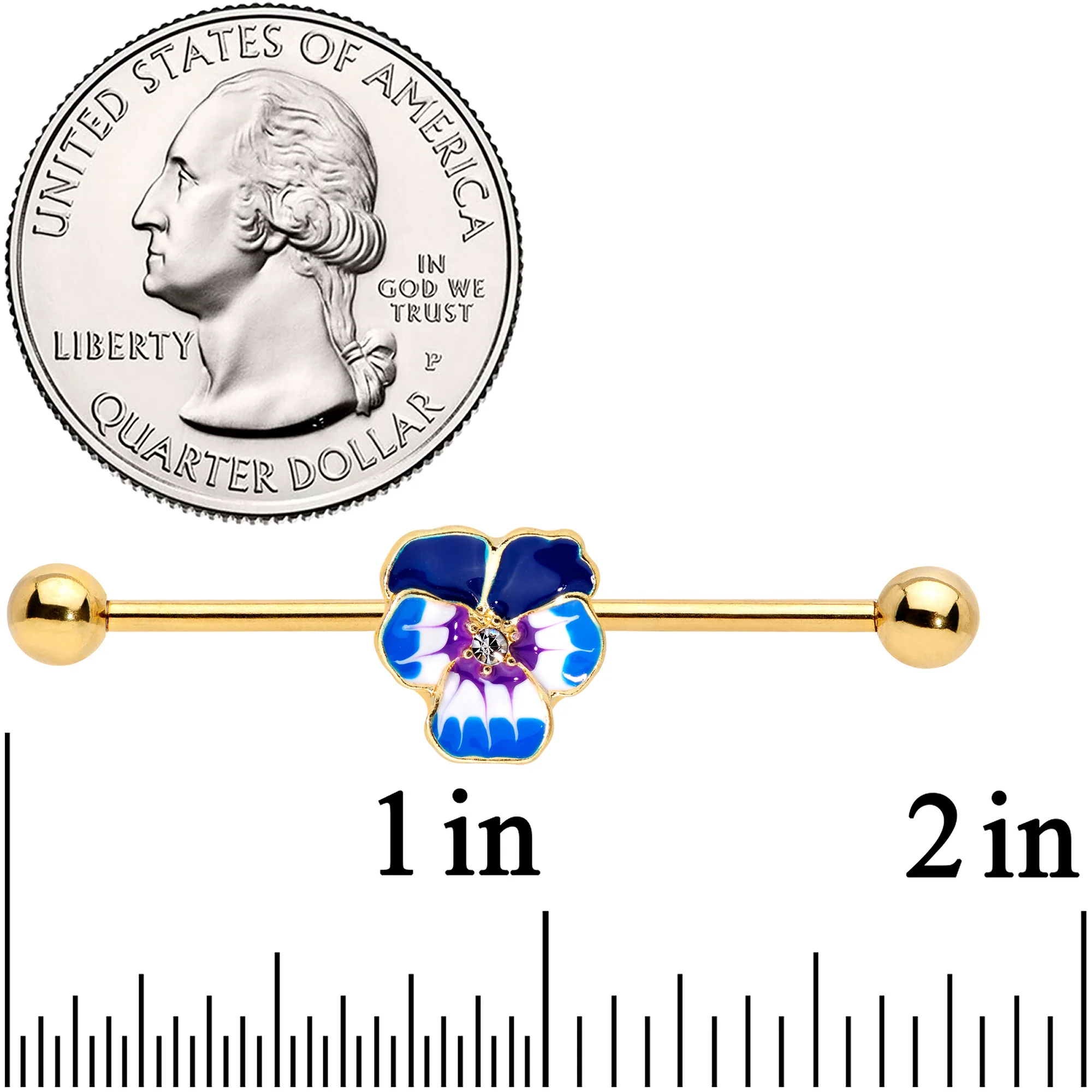14G Clear Gem Gold Hue Blue Spring Flower Industrial Barbell 38mm - Image 2