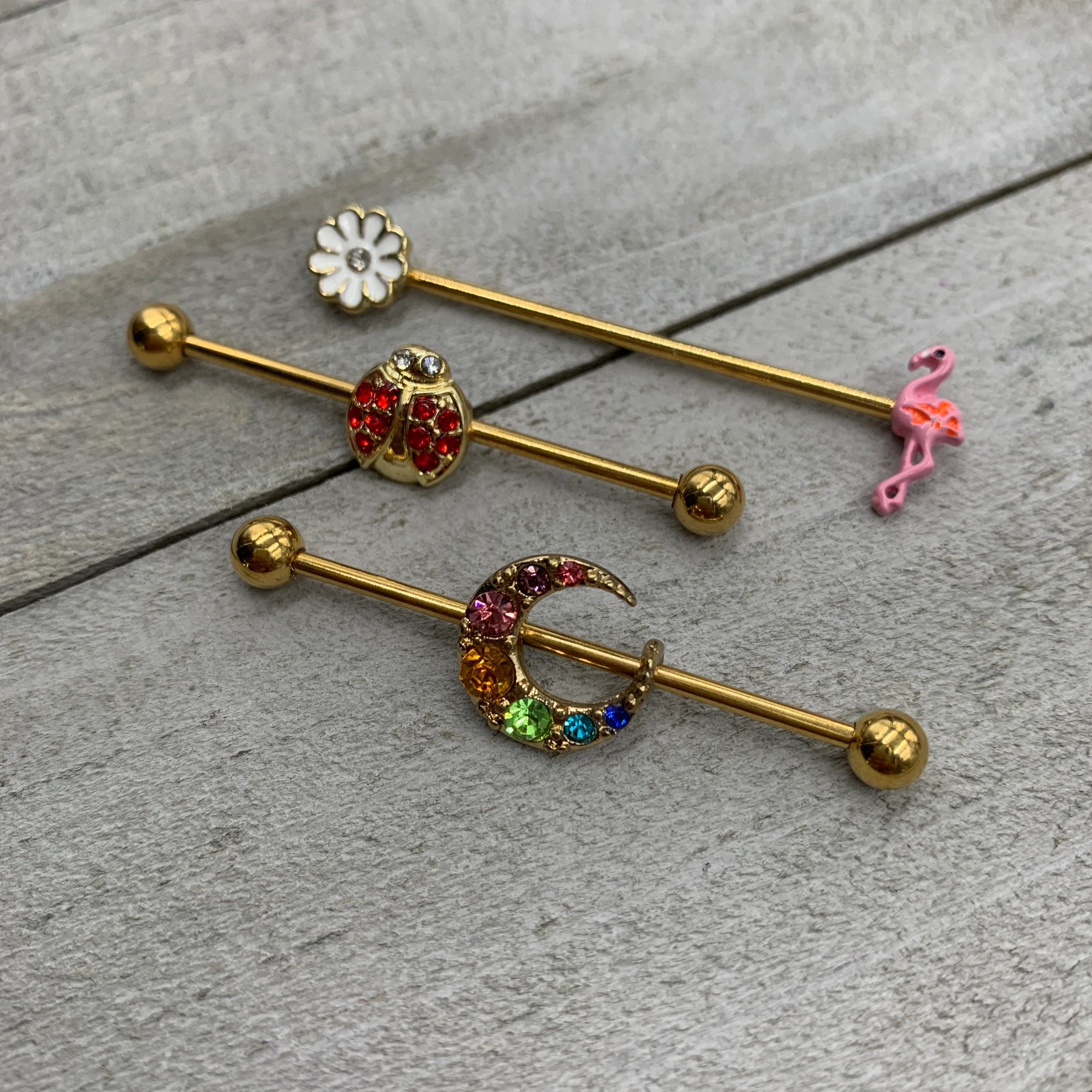14G Clear Gem Gold Hue Flower Flamingo Industrial Barbell 38mm - Image 2