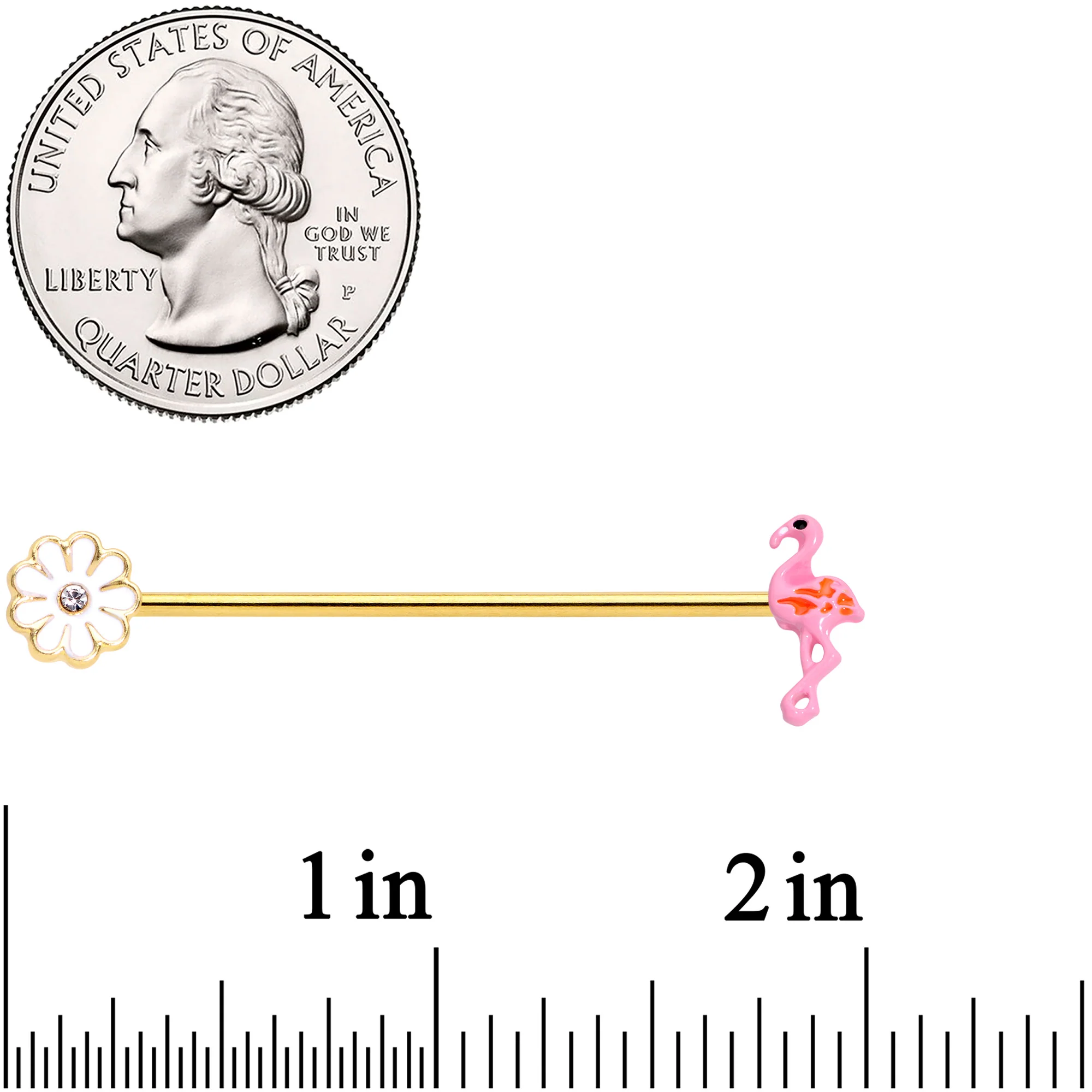 14G Clear Gem Gold Hue Flower Flamingo Industrial Barbell 38mm - Image 3
