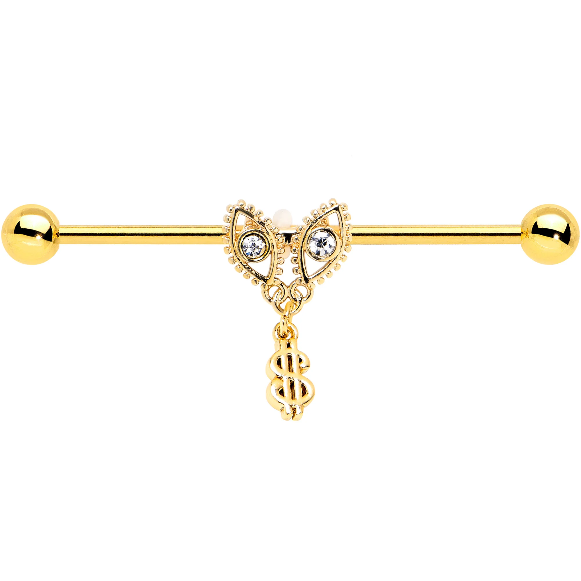 14G Clear Gem Gold Hue Seeing Money Dangle Industrial Barbell 38mm - Image 2