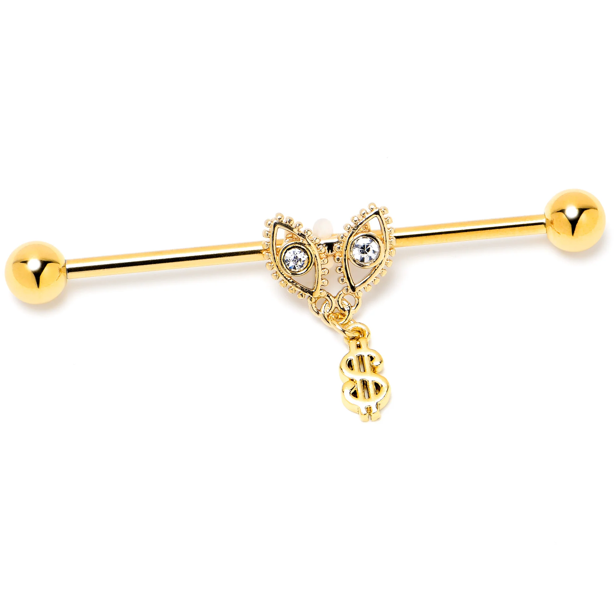 14G Clear Gem Gold Hue Seeing Money Dangle Industrial Barbell 38mm - Image 3