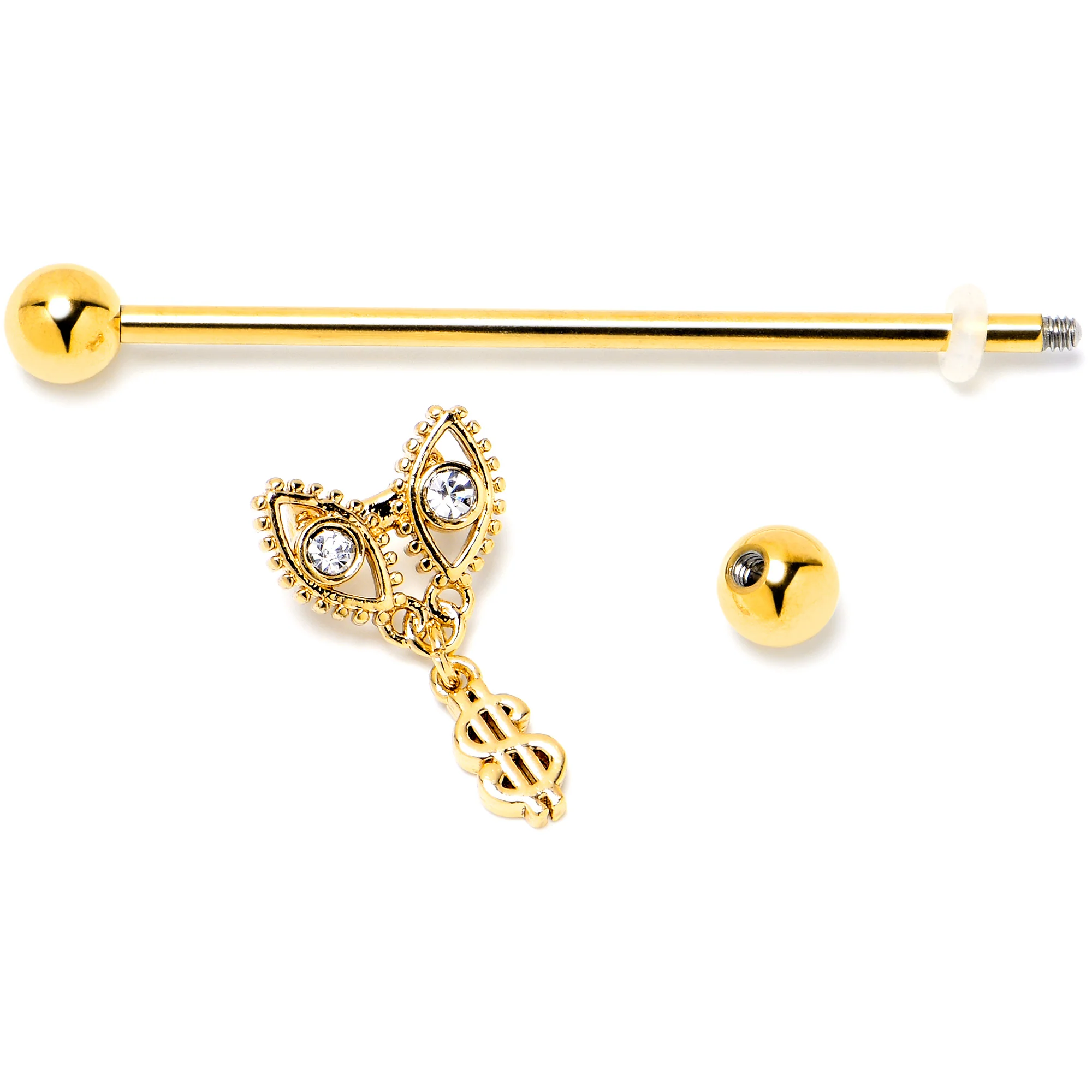 14G Clear Gem Gold Hue Seeing Money Dangle Industrial Barbell 38mm - Image 4