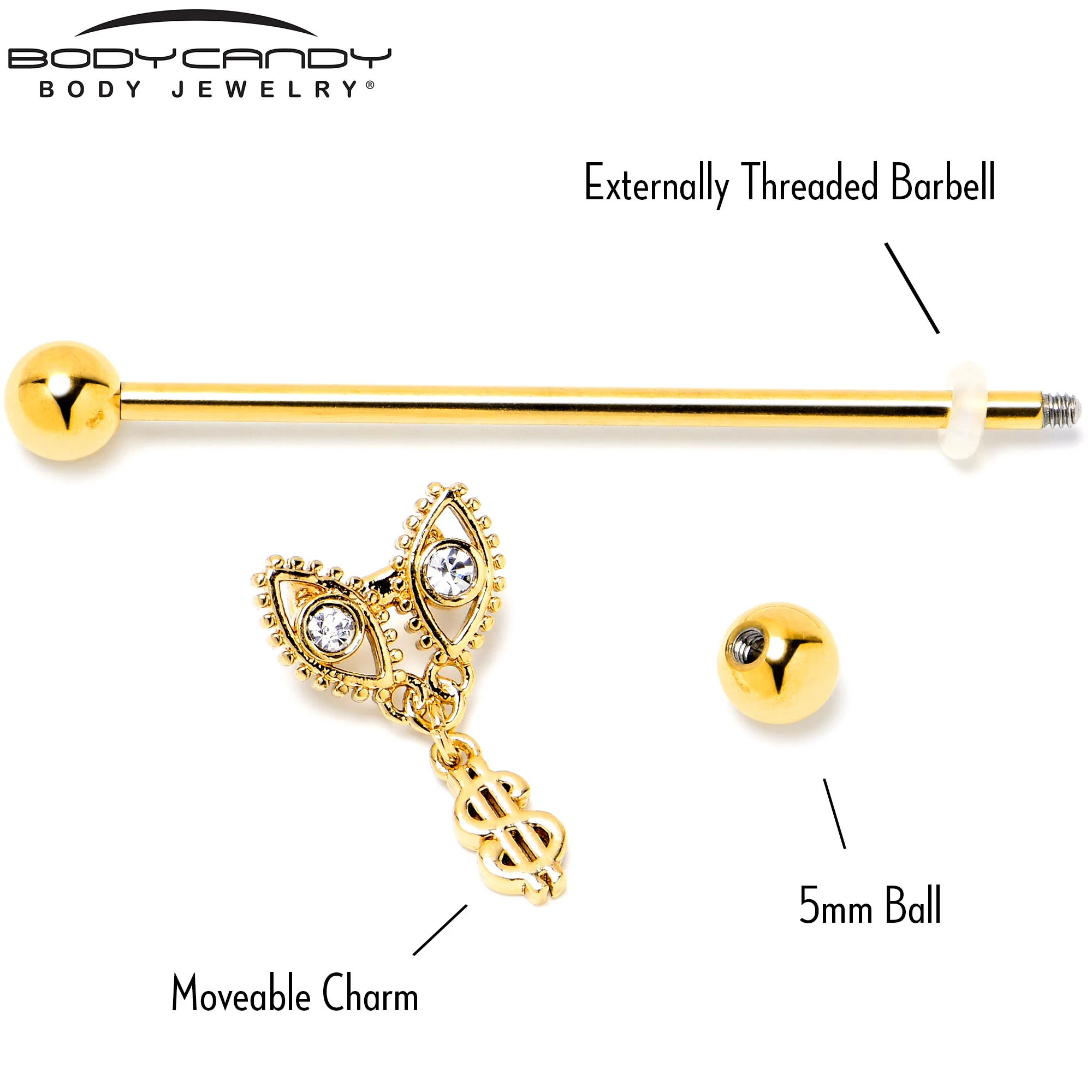 14G Clear Gem Gold Hue Seeing Money Dangle Industrial Barbell 38mm - Image 5