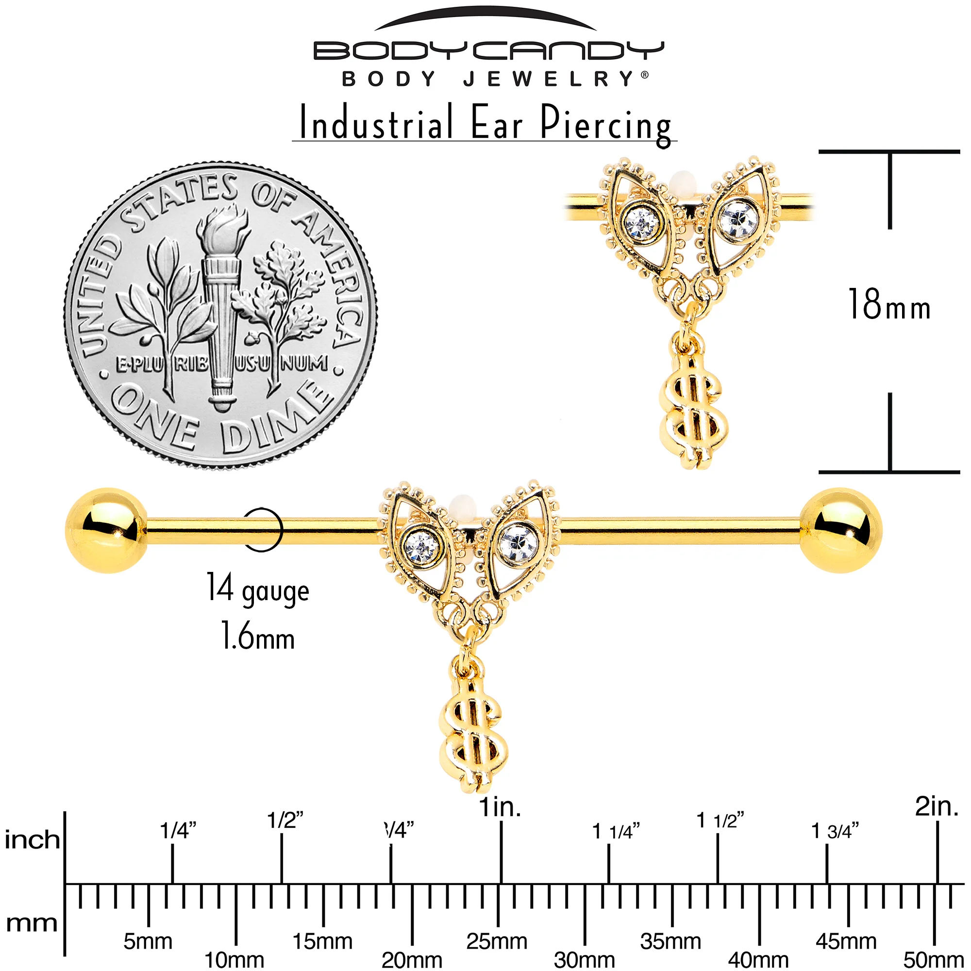 14G Clear Gem Gold Hue Seeing Money Dangle Industrial Barbell 38mm - Image 6
