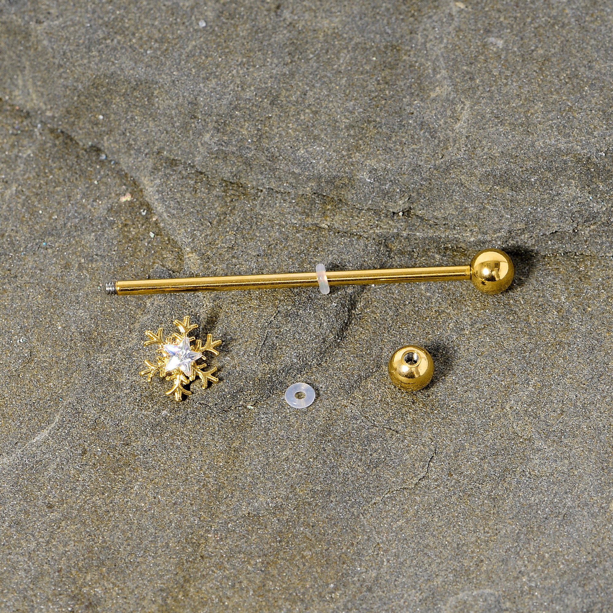 14G Clear Gem Gold Hue Snowflake Christmas Industrial Barbell 38mm - Image 3