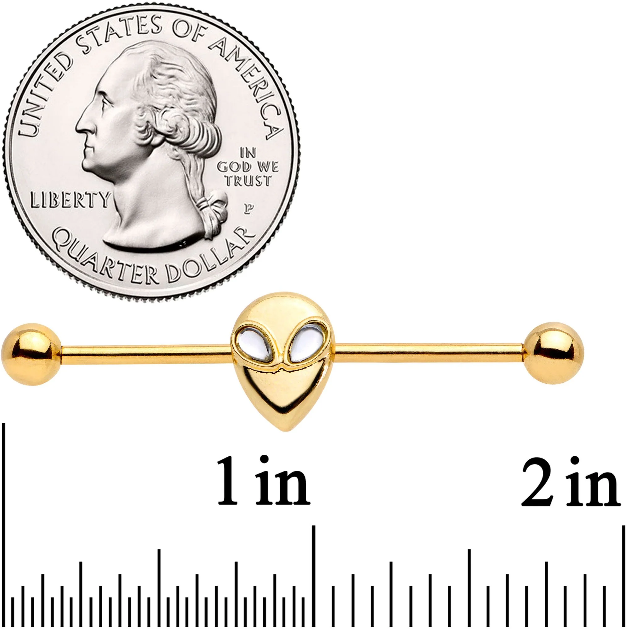 14G Clear Gem Gold Tone Alien Invader Industrial Barbell 38mm - Image 2