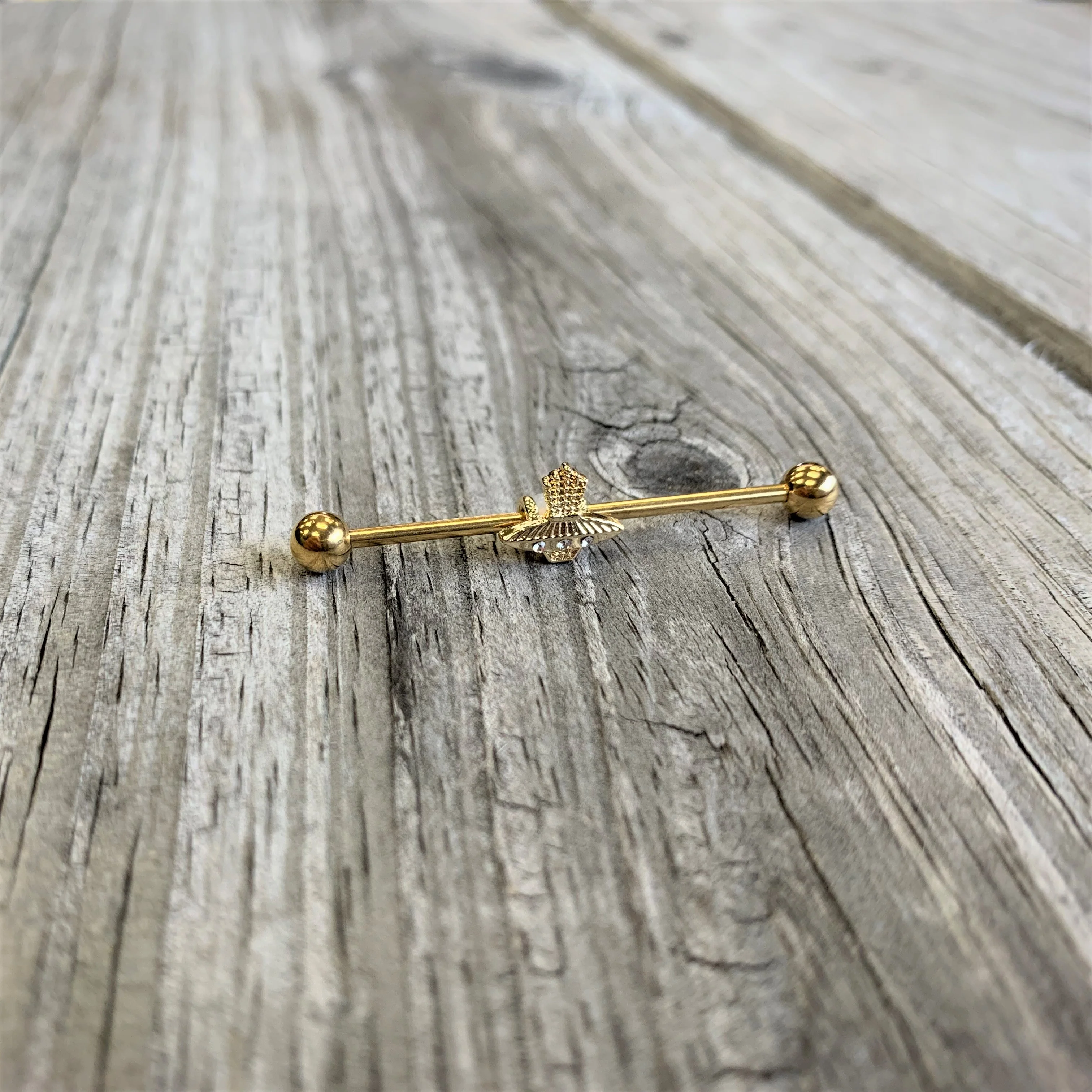 14G Clear Gem Gold Tone Alien UFO Beam Industrial Barbell 38mm - Image 3