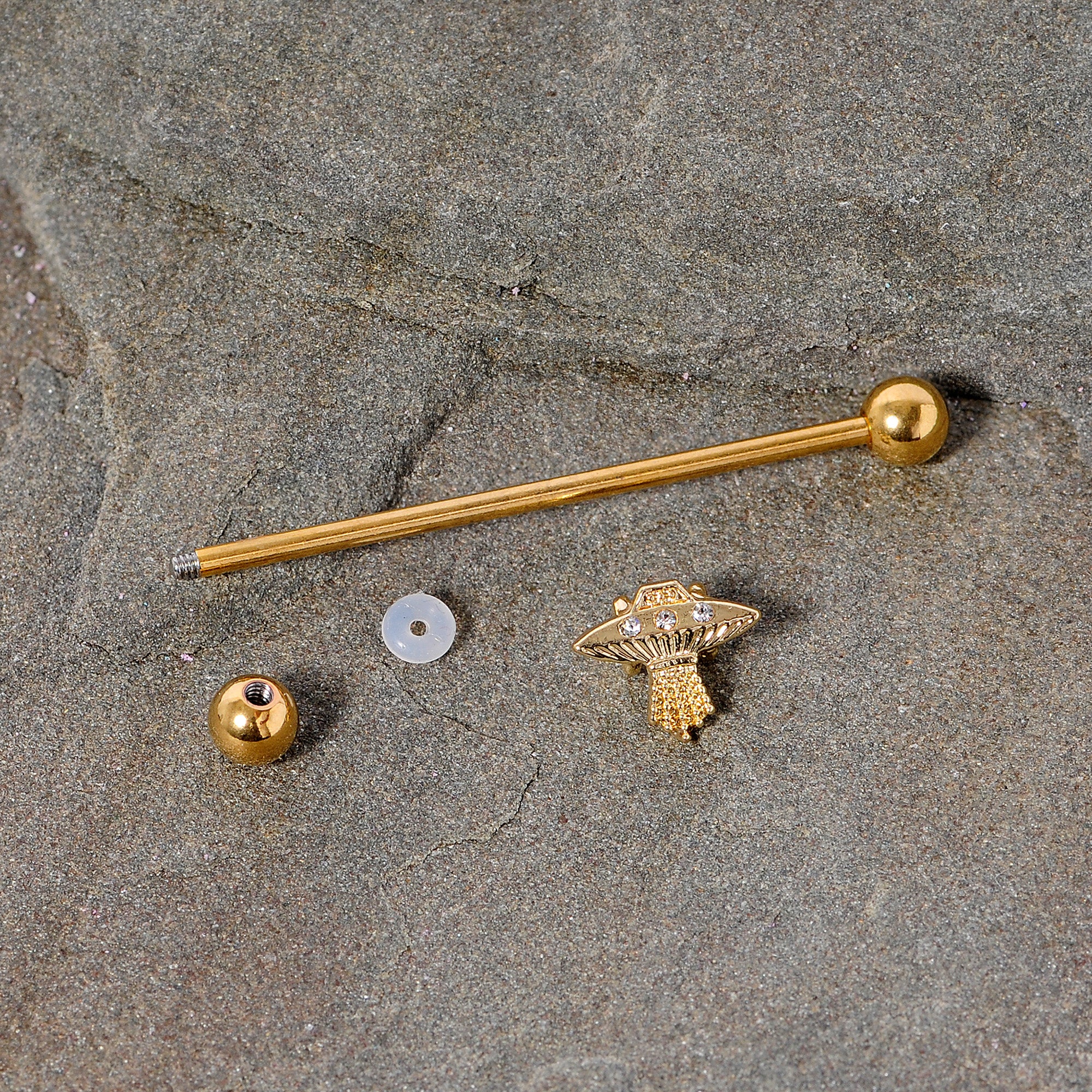 14G Clear Gem Gold Tone Alien UFO Beam Industrial Barbell 38mm - Image 5