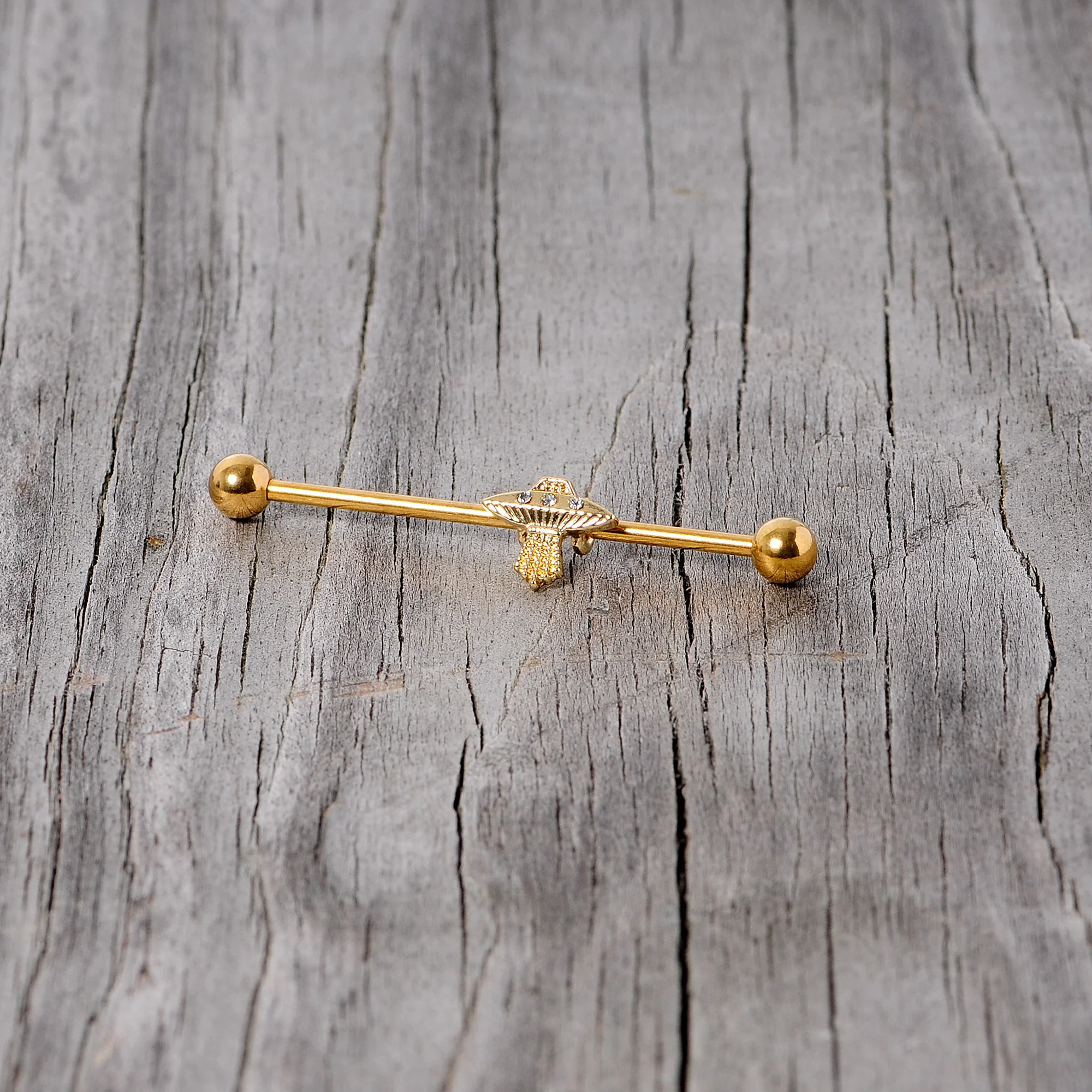 14G Clear Gem Gold Tone Alien UFO Beam Industrial Barbell 38mm - Image 6