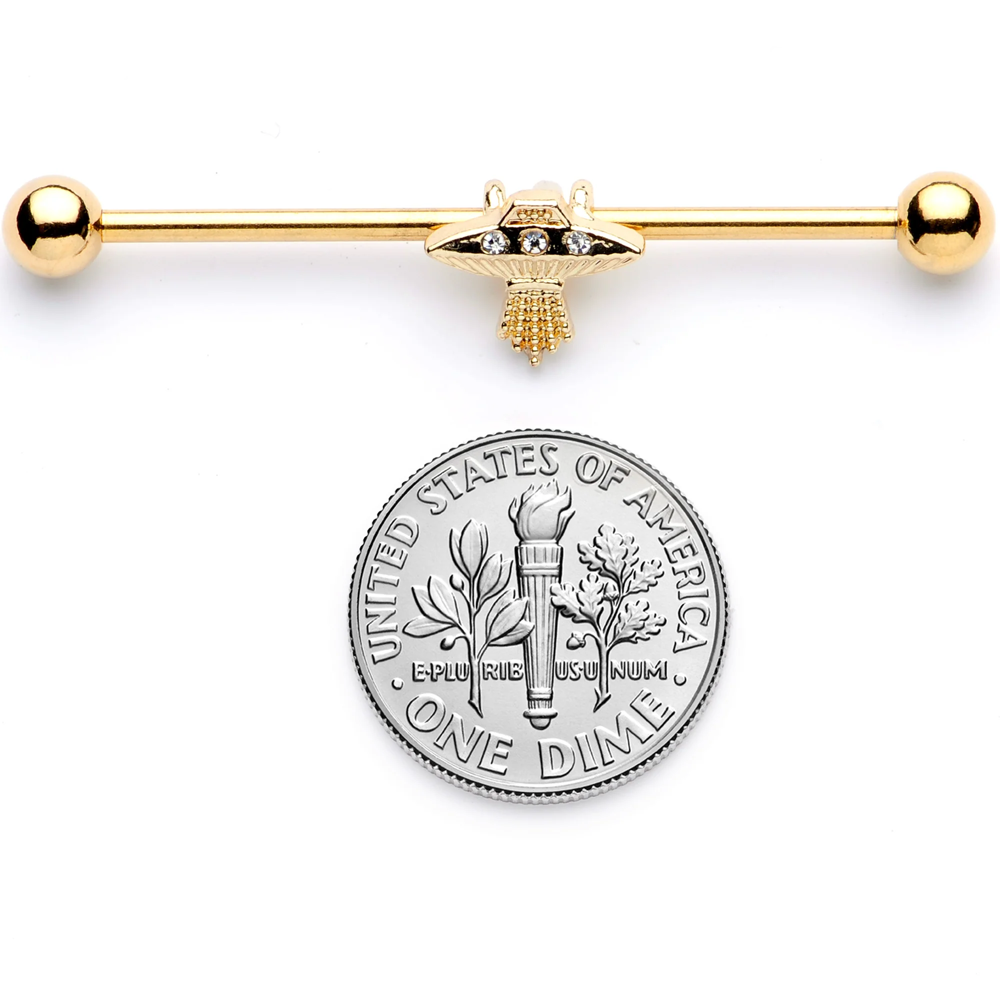 14G Clear Gem Gold Tone Alien UFO Beam Industrial Barbell 38mm - Image 7