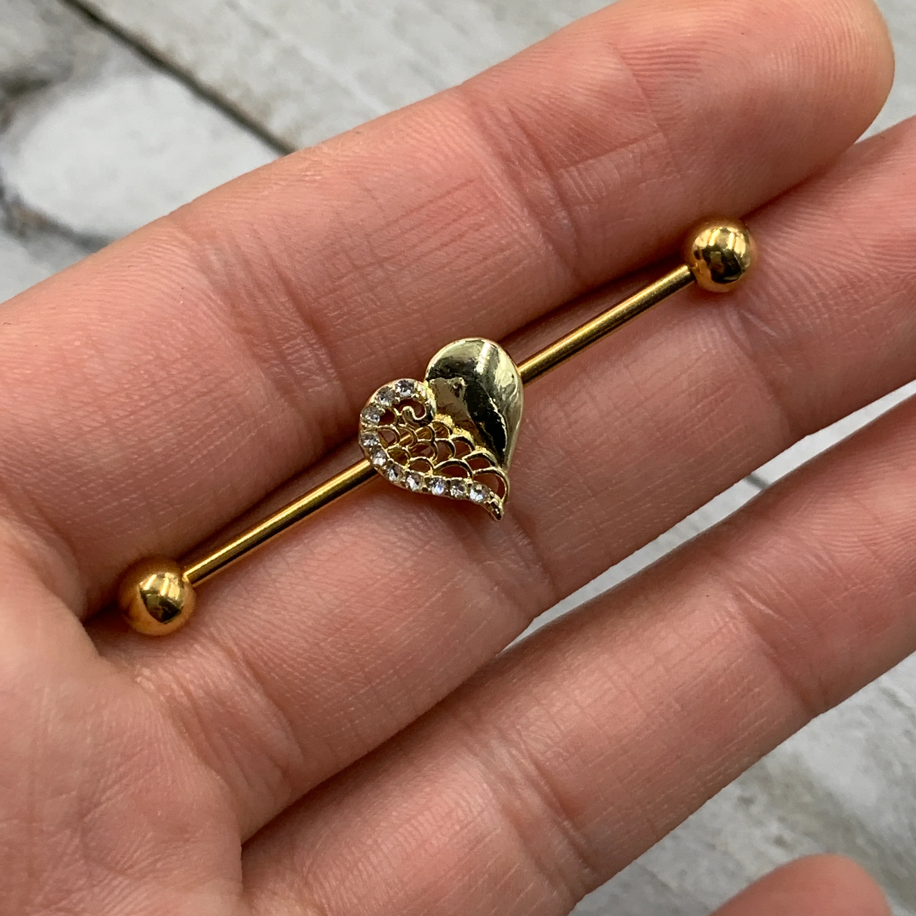14G Clear Gem Gold Tone Angel Wing Heart Industrial Barbell 38mm - Image 2