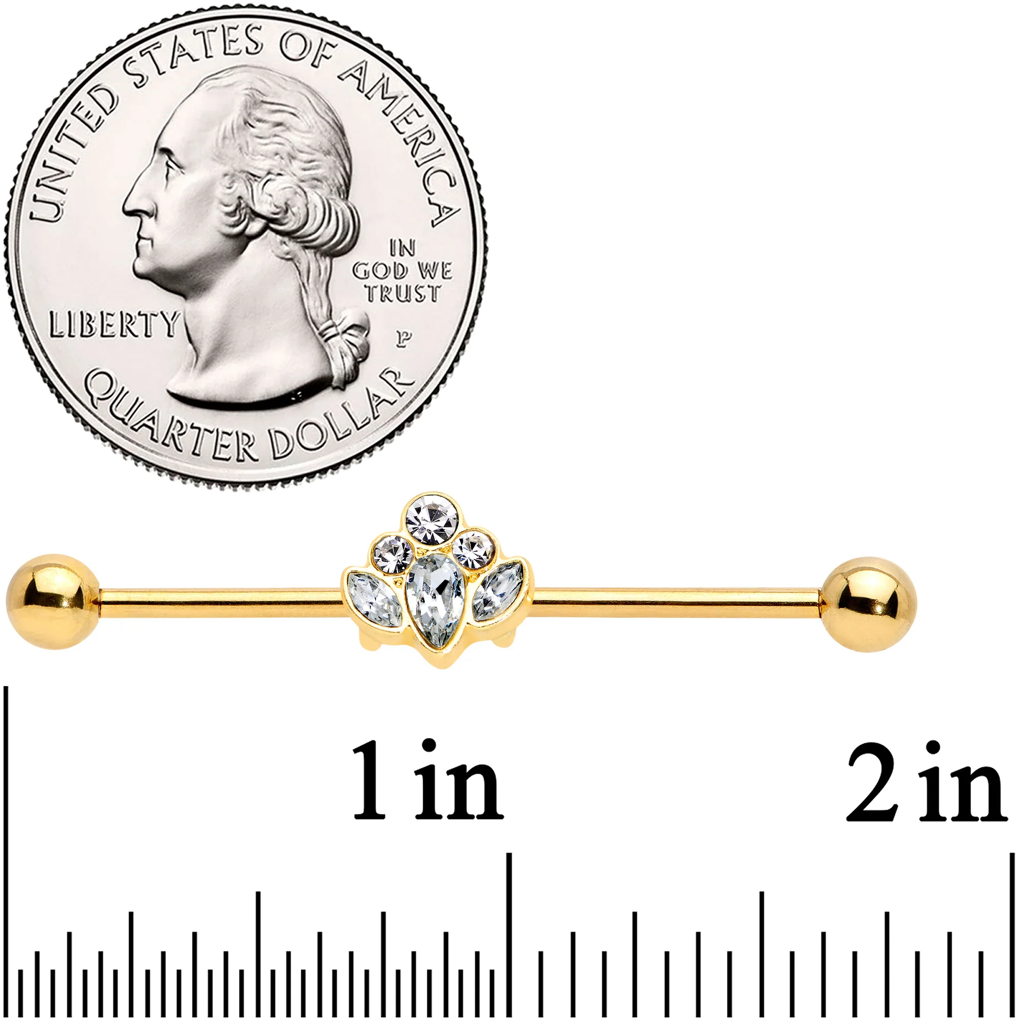 14G Clear Gem Gold Tone Anodized Cluster Industrial Barbell 38mm - Image 4