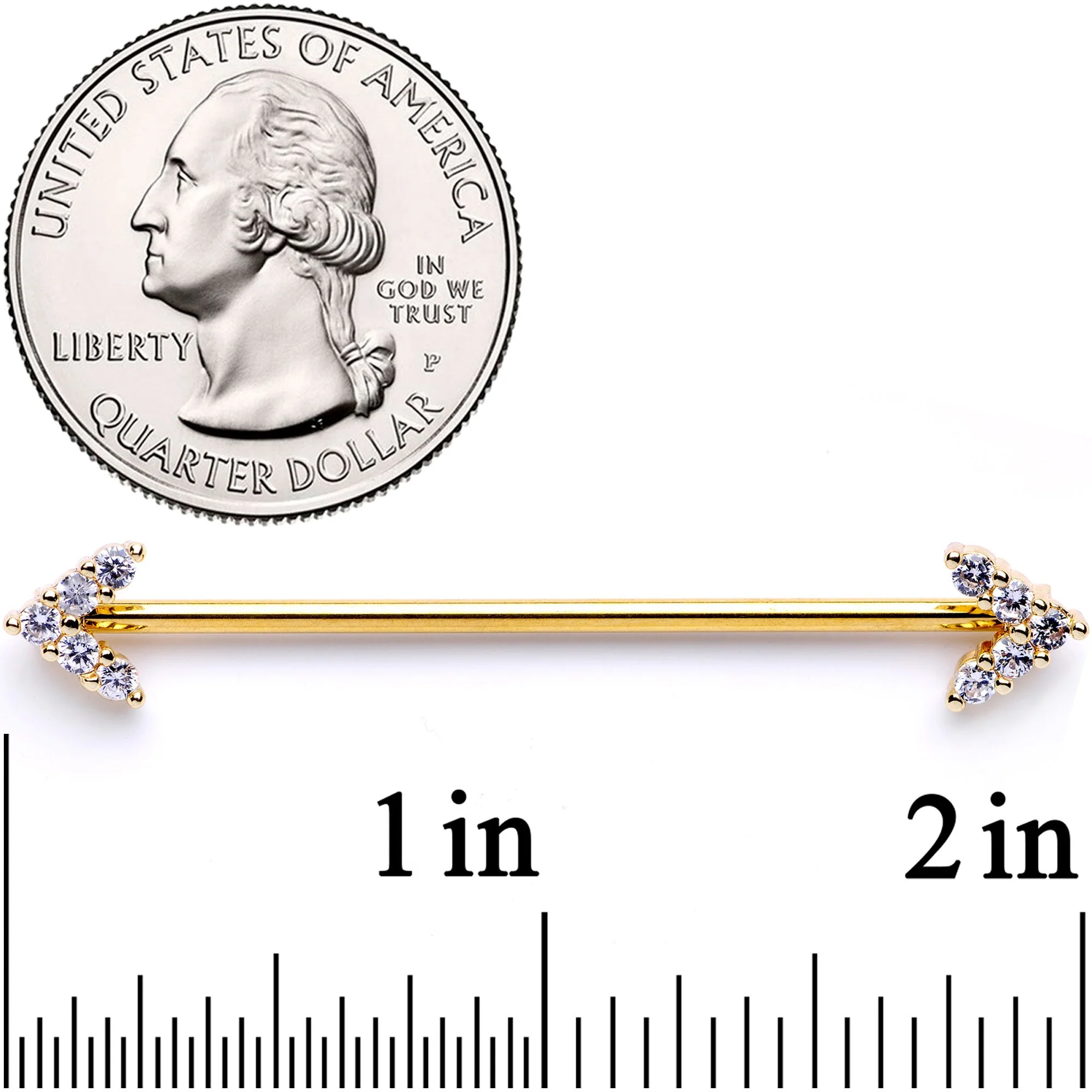 14G Clear Gem Gold Tone Arrows Point Industrial Barbell 38mm - Image 2