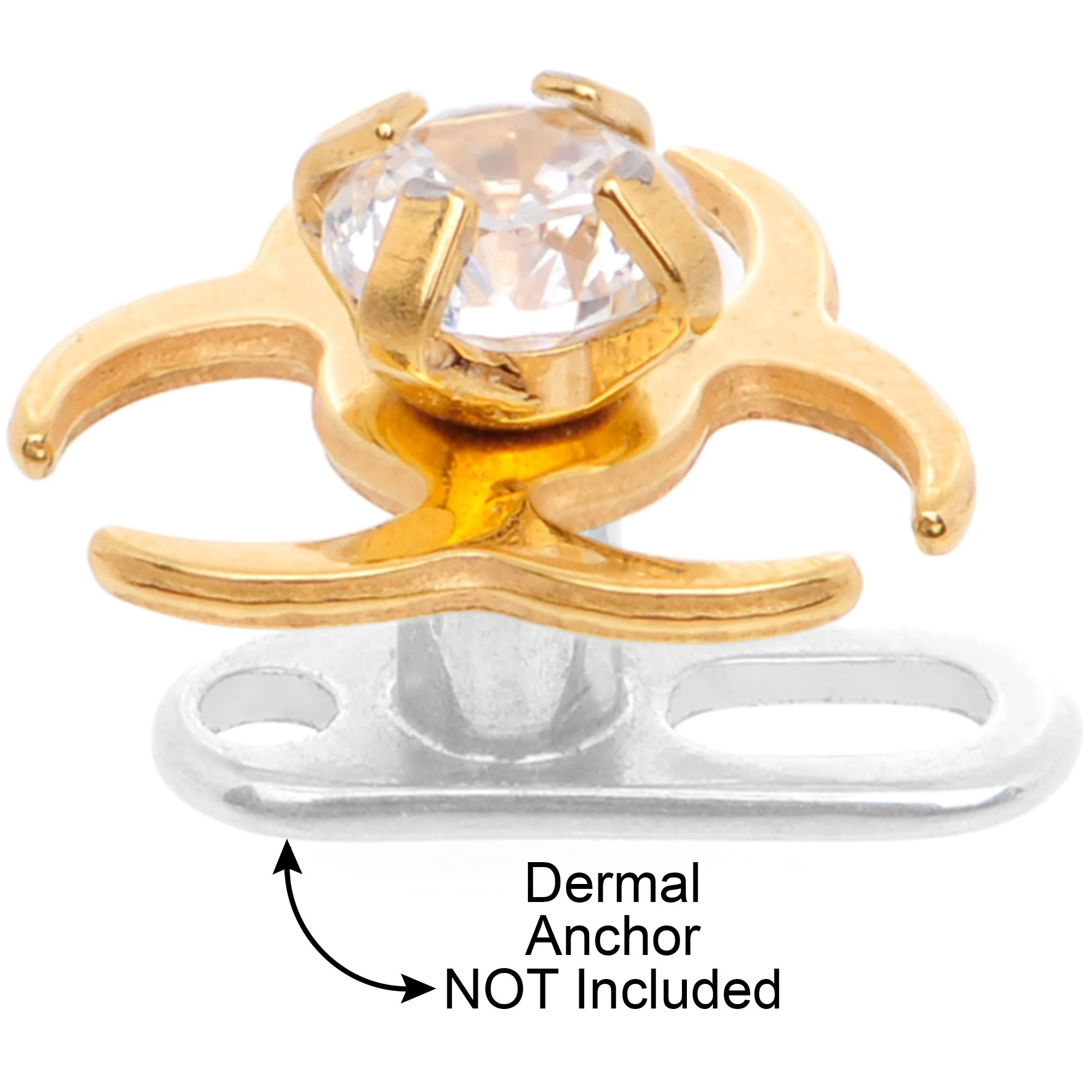 14G Clear Gem Gold Tone Biohazard Dermal Anchor Top - Image 3