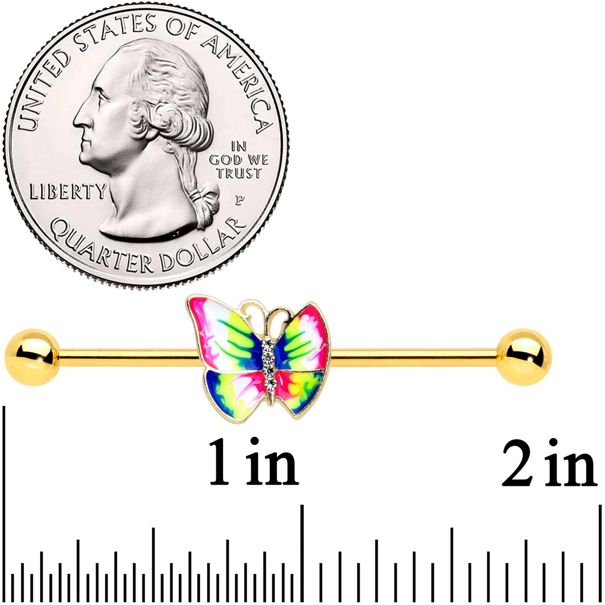 14G Clear Gem Gold Tone Bright Butterfly Industrial Barbell 38mm - Image 2