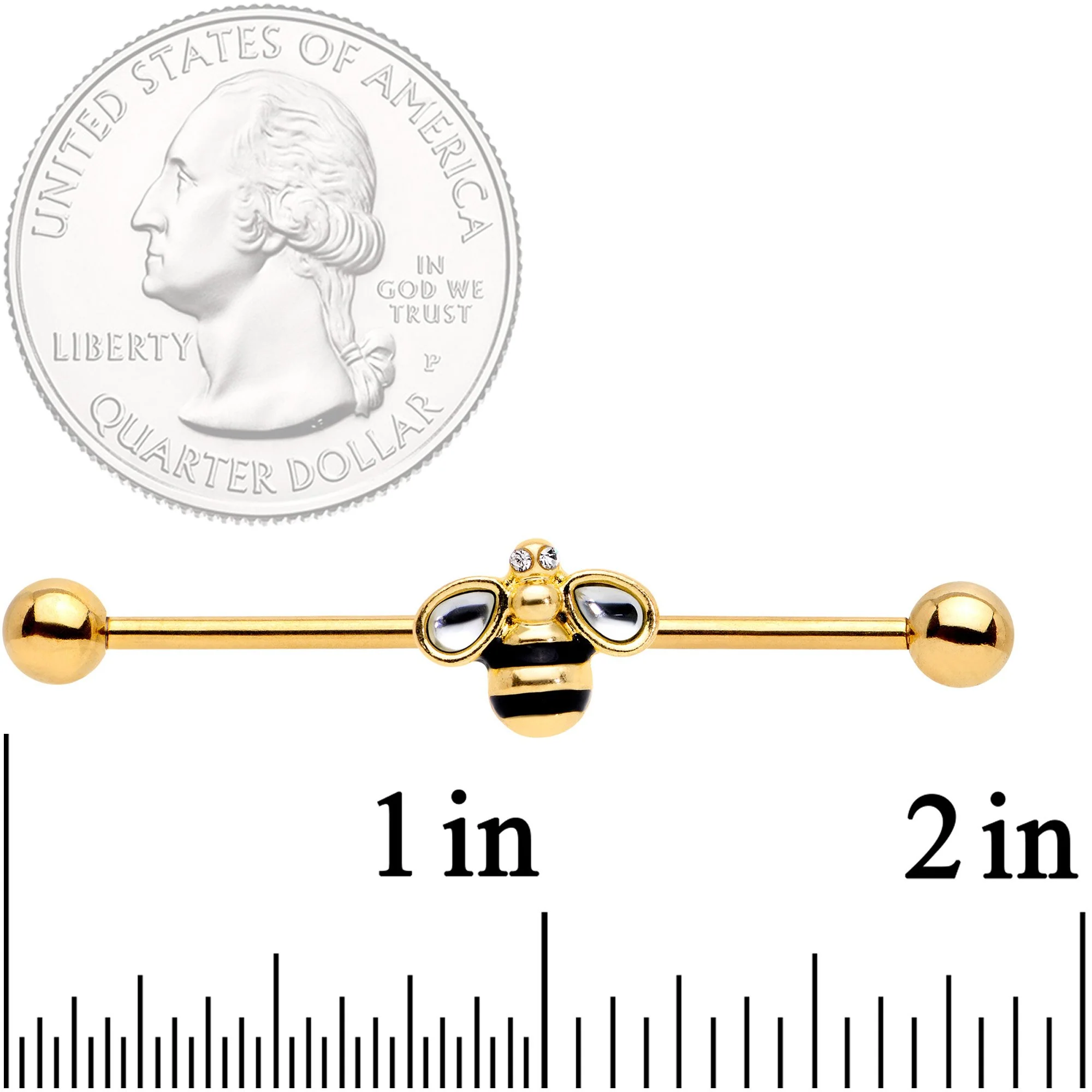 14G Clear Gem Gold Tone Bumblebee Bling Industrial Barbell 38mm - Image 2