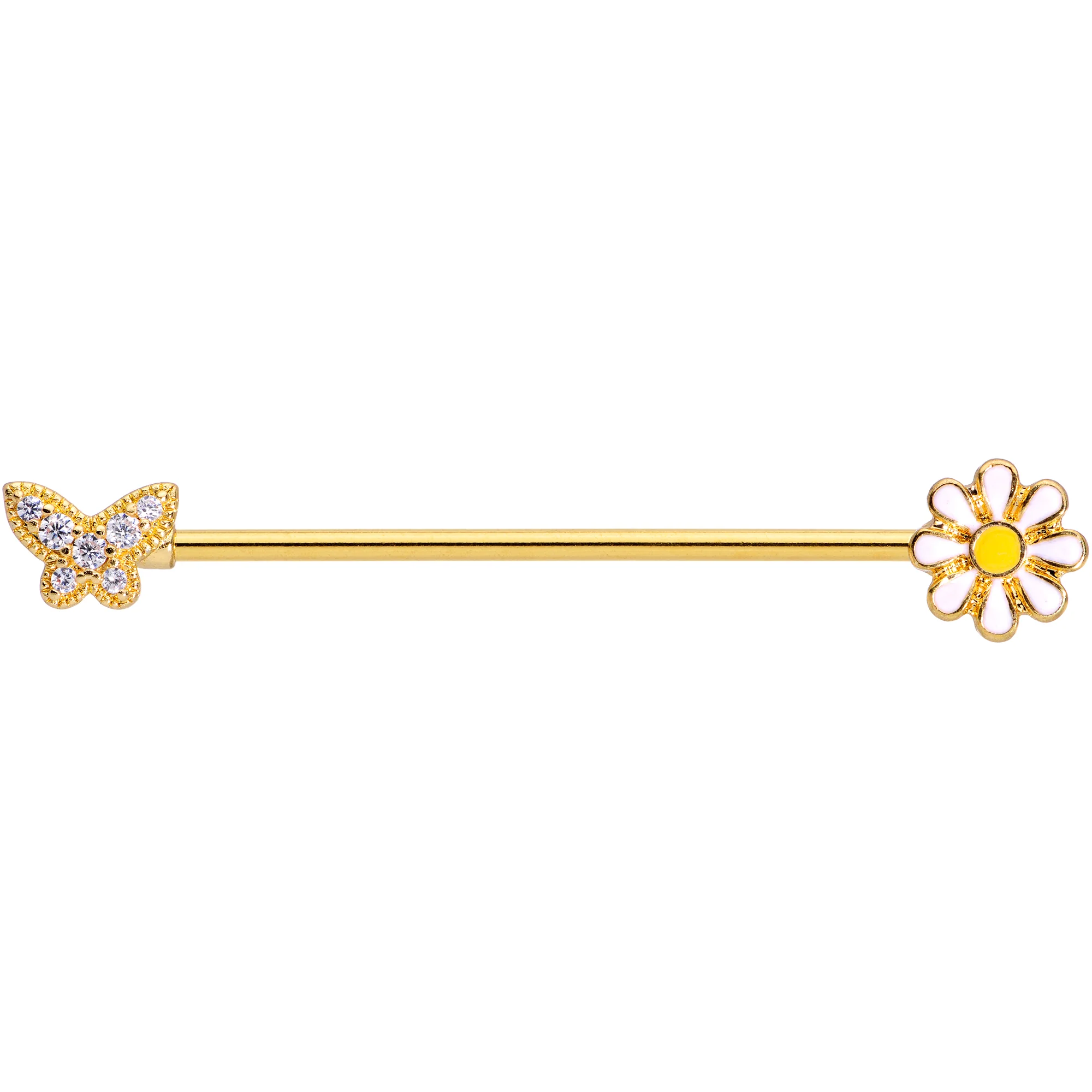14G Clear Gem Gold Tone Butterfly Daisy `Industrial Barbell 38mm - Image 2