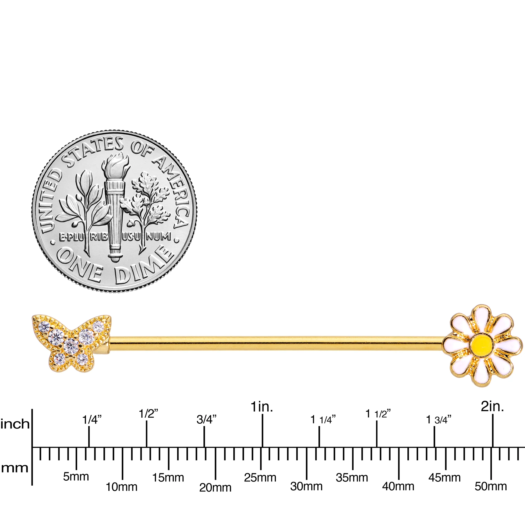 14G Clear Gem Gold Tone Butterfly Daisy `Industrial Barbell 38mm - Image 3