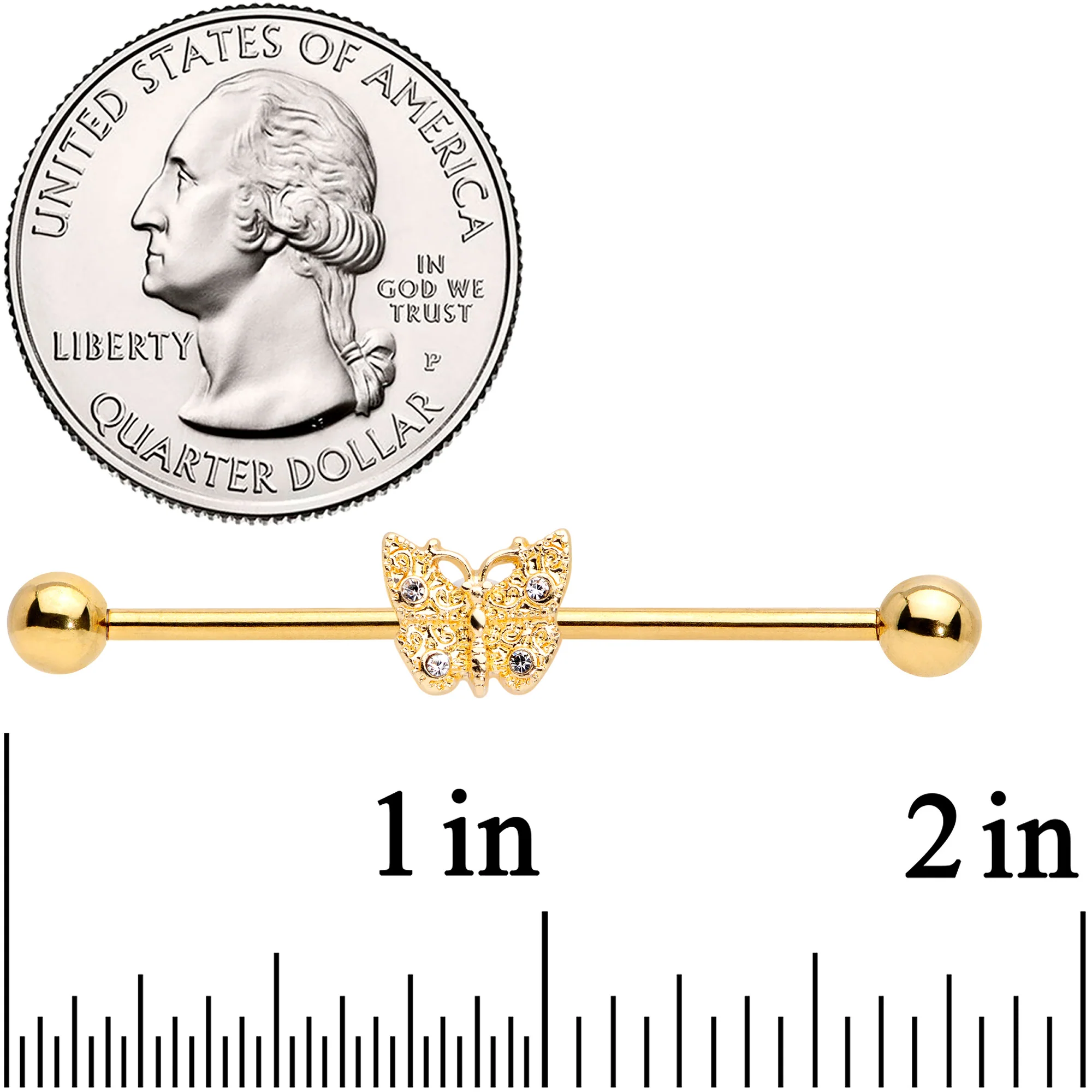 14G Clear Gem Gold Tone Butterfly Industrial Barbell 38mm - Image 2