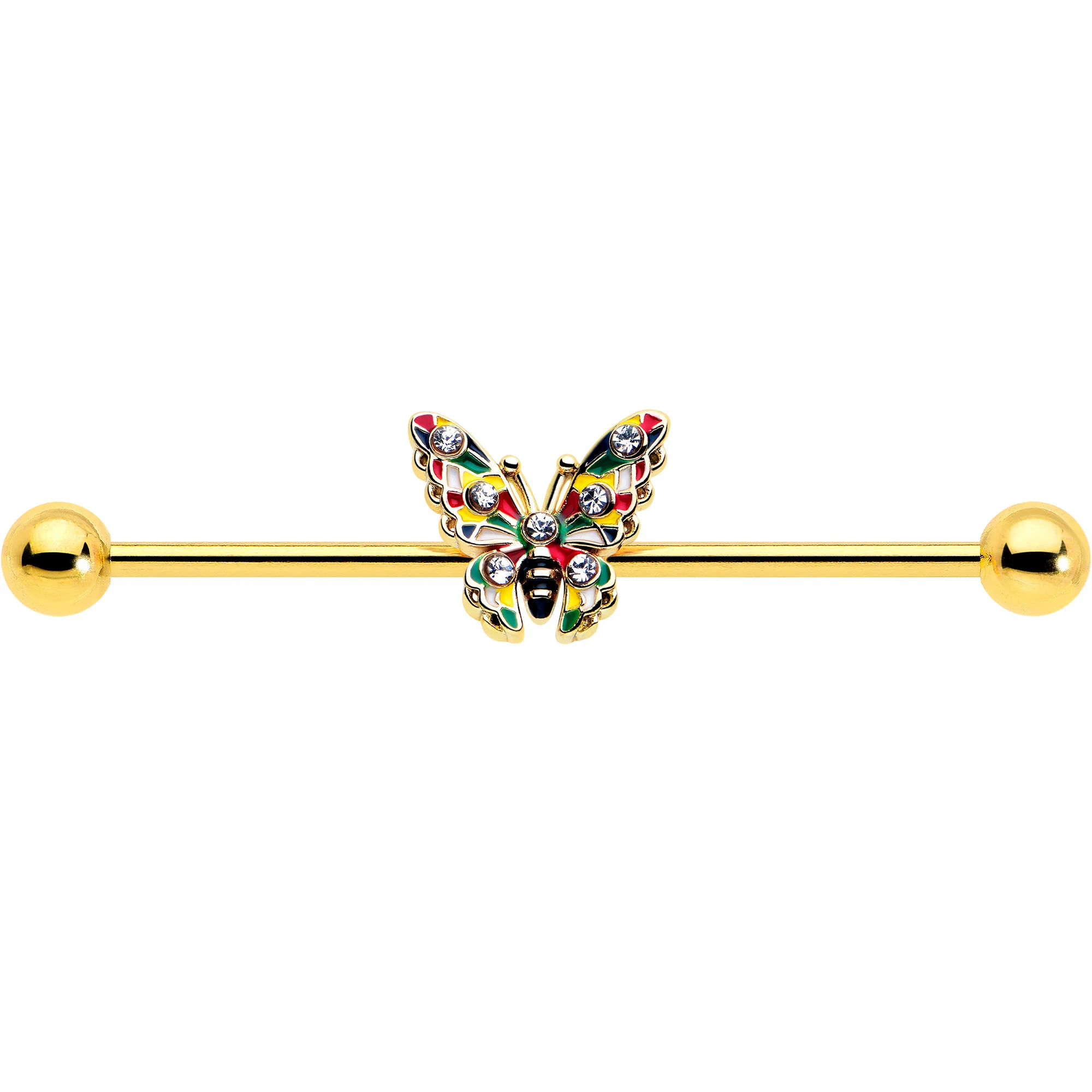 14G Clear Gem Gold Tone Color Block Butterfly Industrial Barbell 38mm - Image 3
