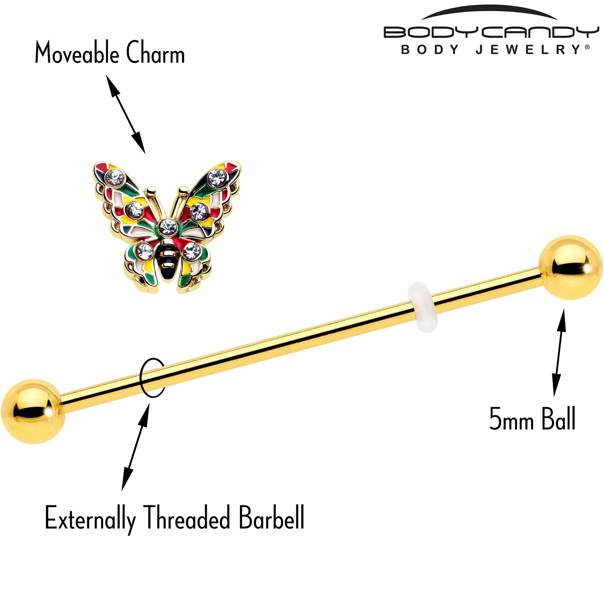 14G Clear Gem Gold Tone Color Block Butterfly Industrial Barbell 38mm - Image 4