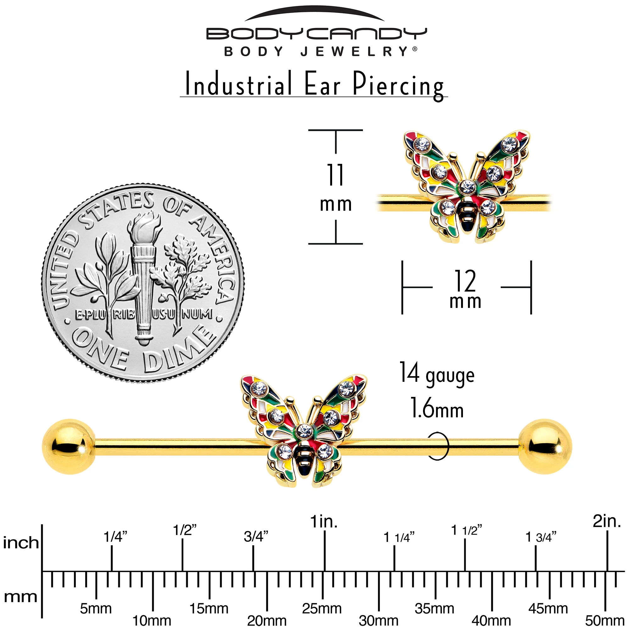 14G Clear Gem Gold Tone Color Block Butterfly Industrial Barbell 38mm - Image 5