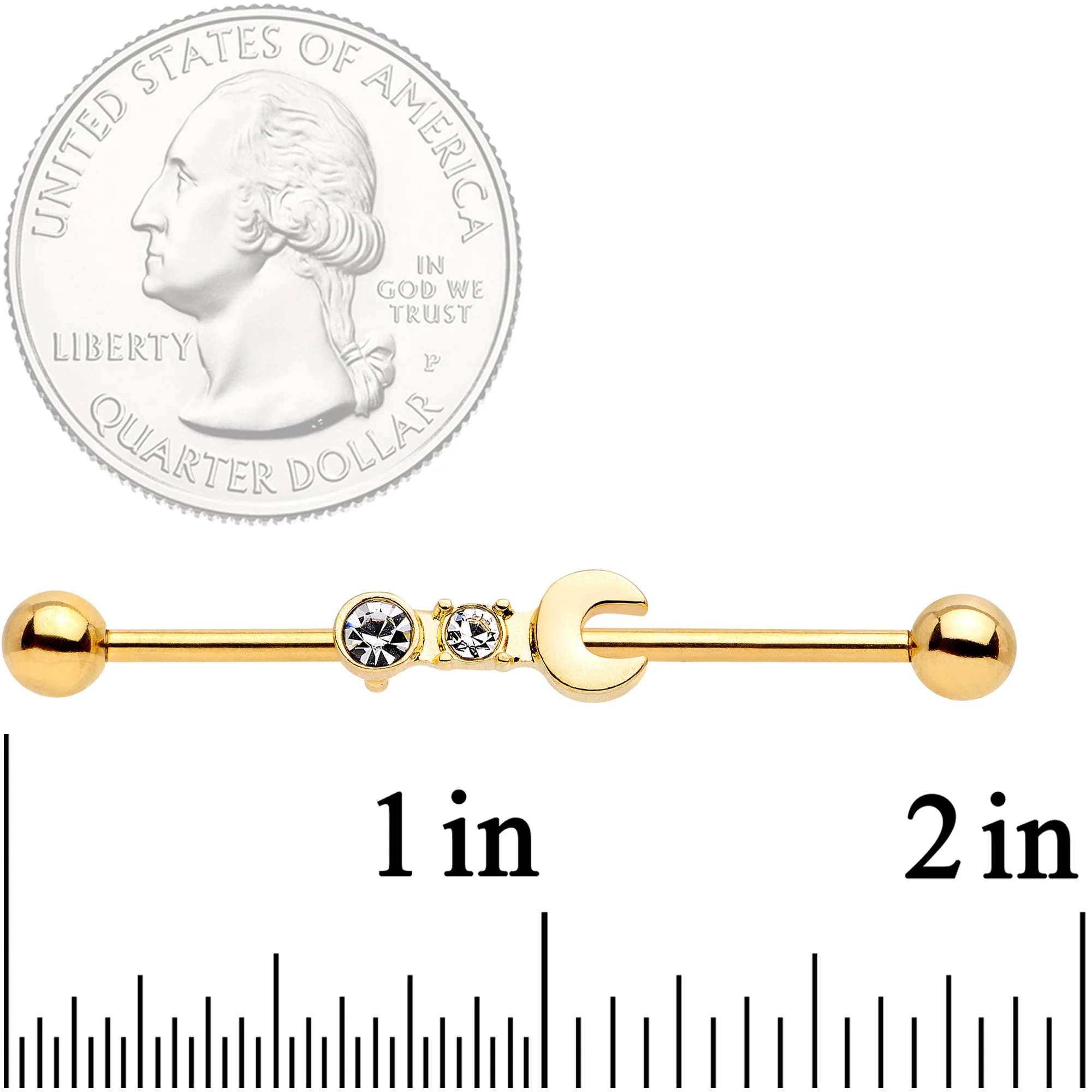 14G Clear Gem Gold Tone Crescent Wrench Industrial Barbell 38mm - Image 2