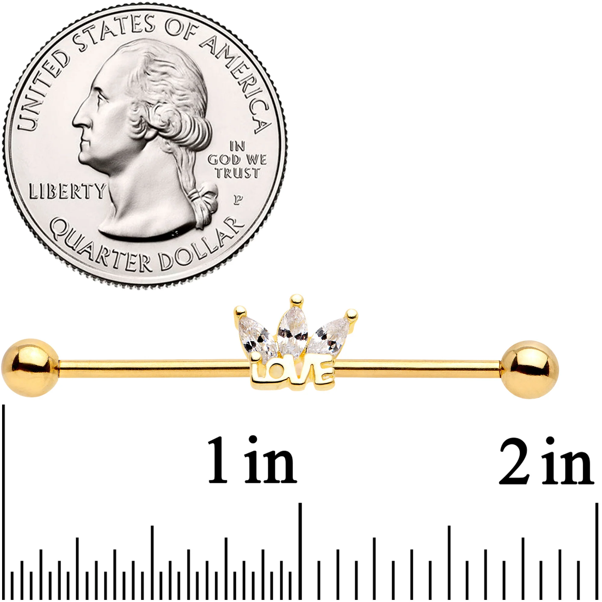 14G Clear Gem Gold Tone Crown of Love Industrial Barbell 38mm - Image 2