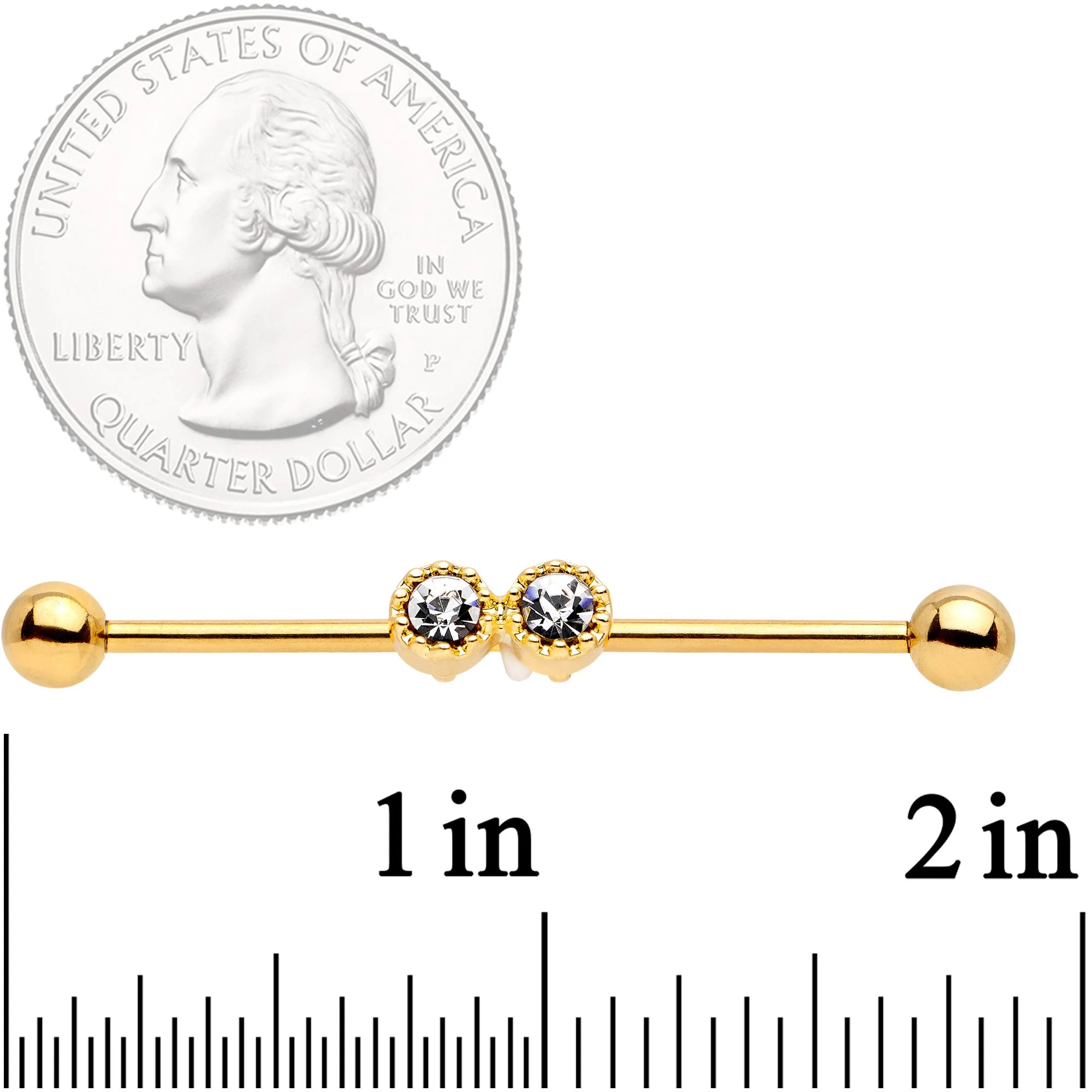 14G Clear Gem Gold Tone Double Drama Industrial Barbell 38mm - Image 2
