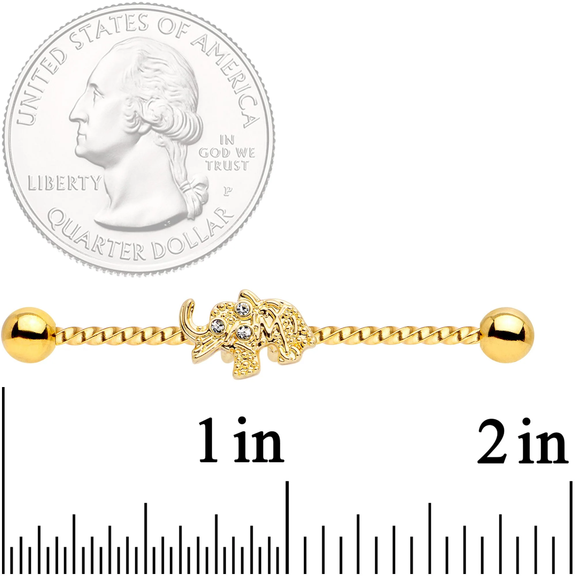 14G Clear Gem Gold Tone Elephant Industrial Barbell 38mm - Image 2