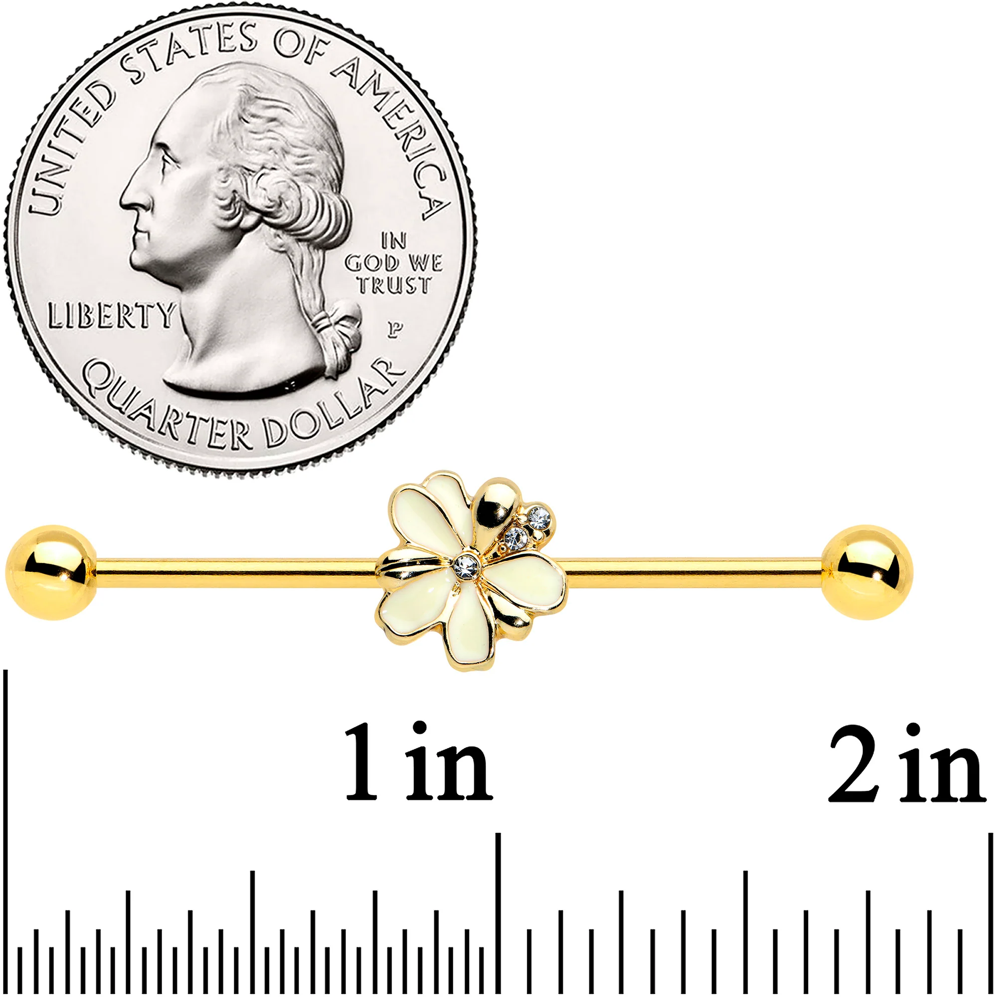 14G Clear Gem Gold Tone Feed Bee Flower Industrial Barbell 38mm - Image 2