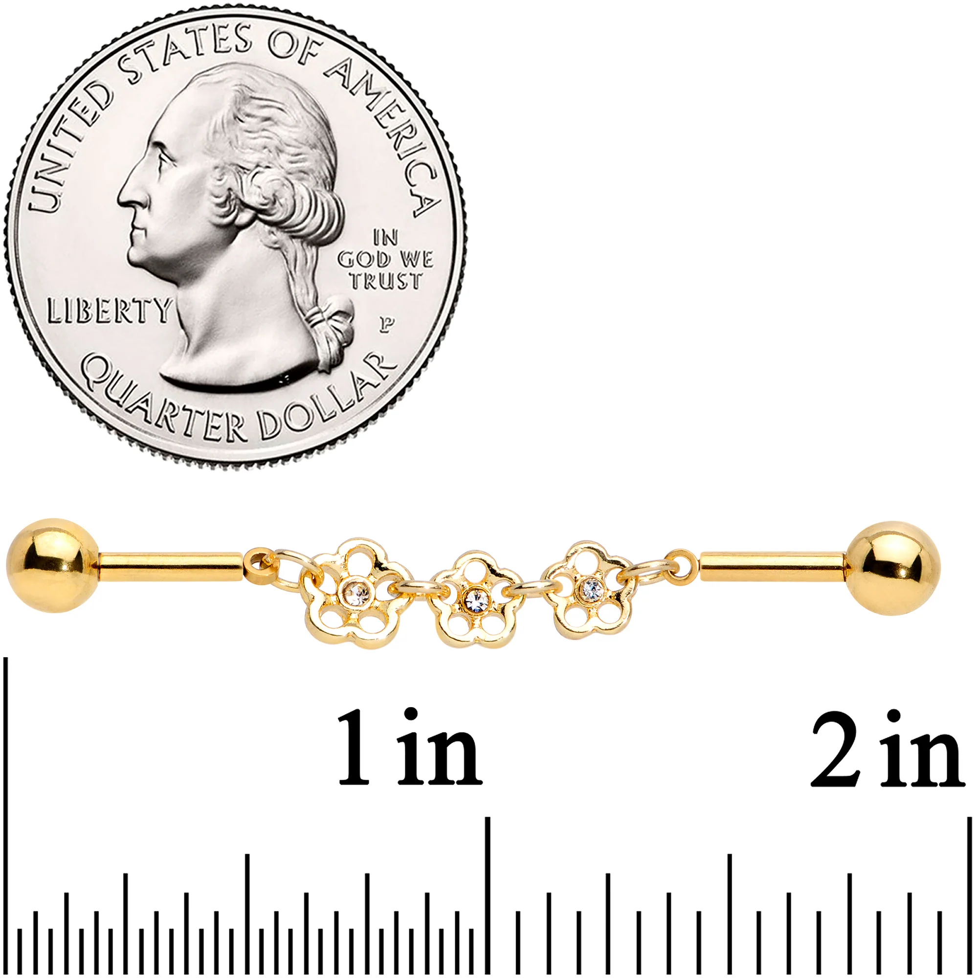 14G Clear Gem Gold Tone Flower Double Industrial Barbell 40mm - Image 2