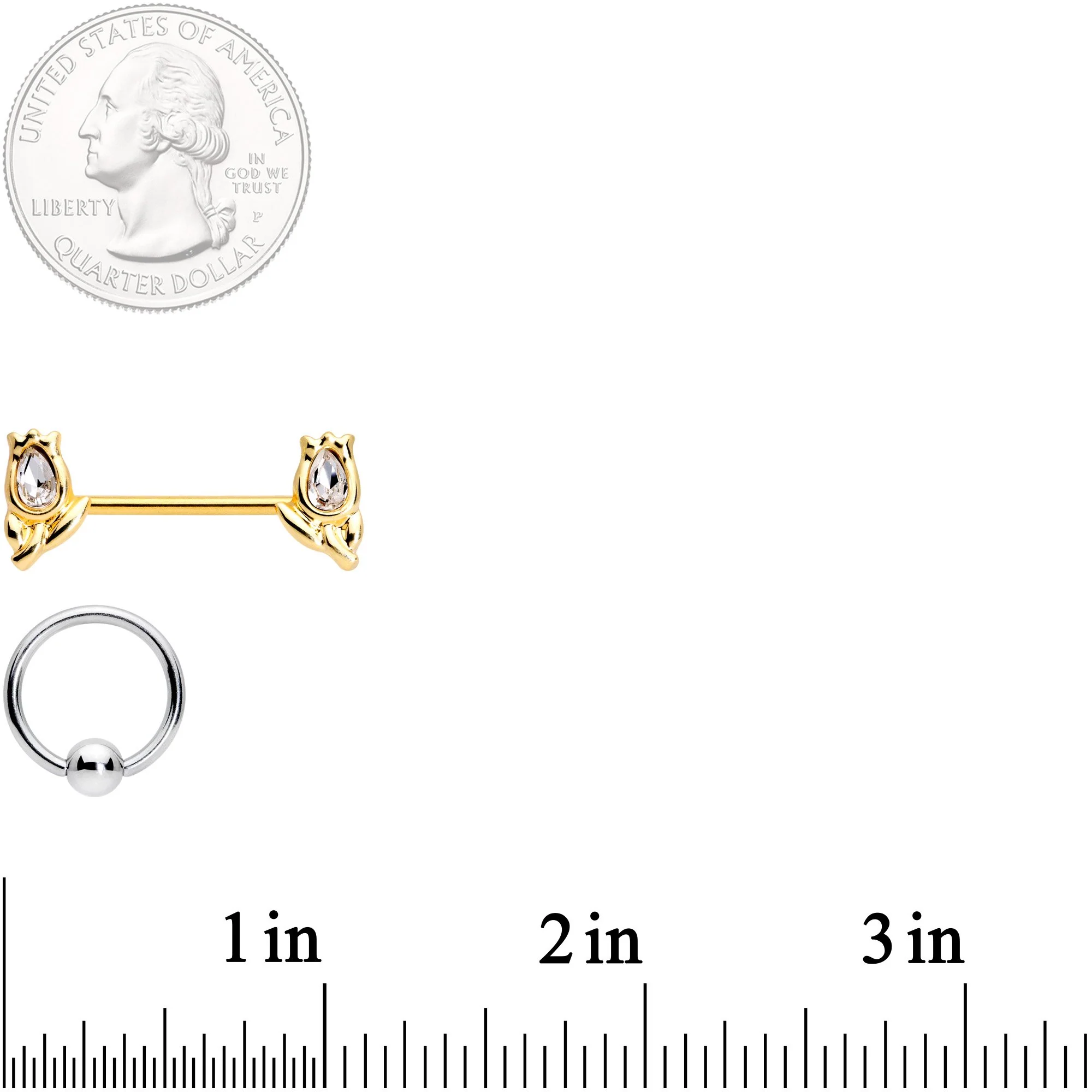 14G Clear Gem Gold Tone Flowers BCR Barbell Nipple Ring Set - Image 4