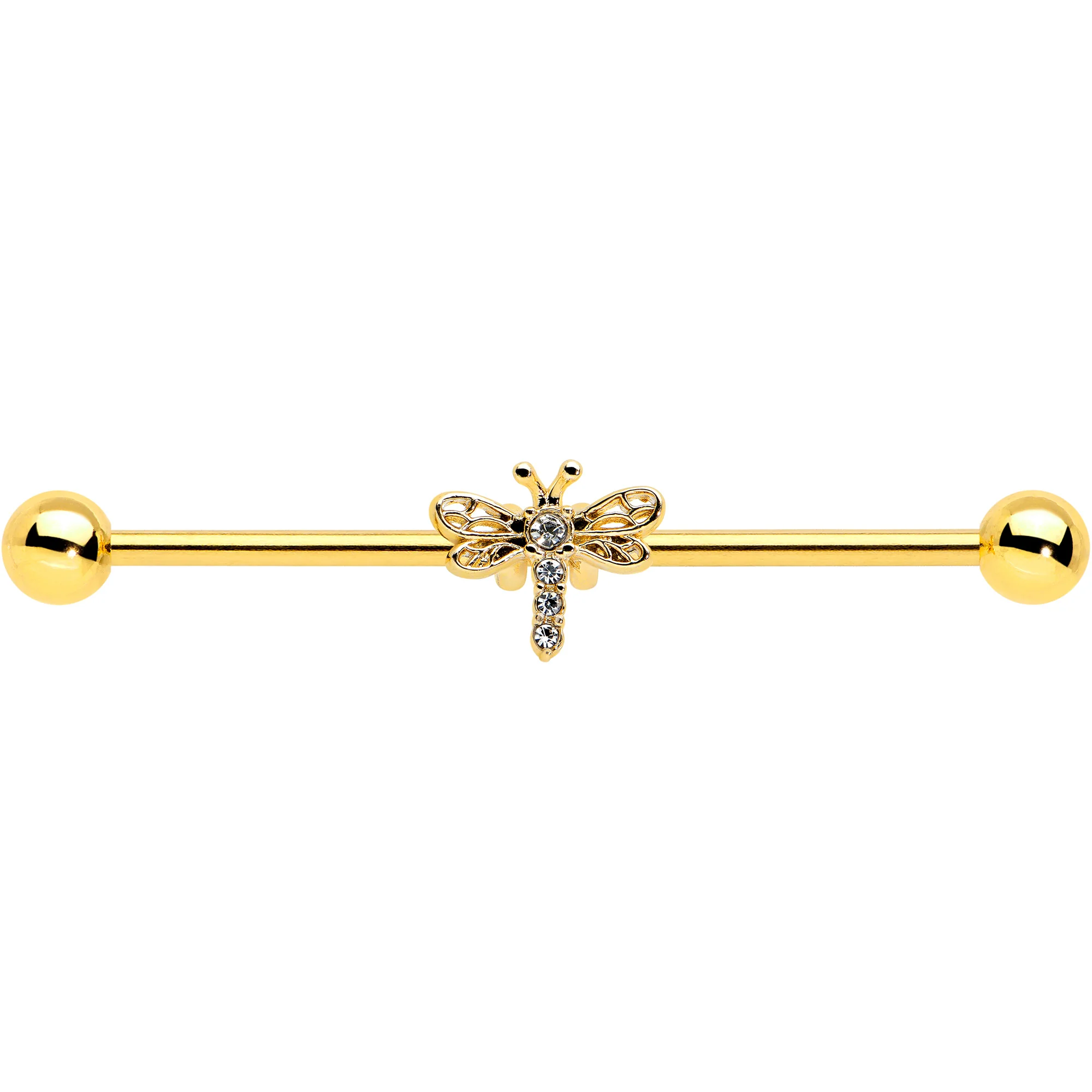 14G Clear Gem Gold Tone Flying Dragonfly Industrial Barbell 38mm - Image 2